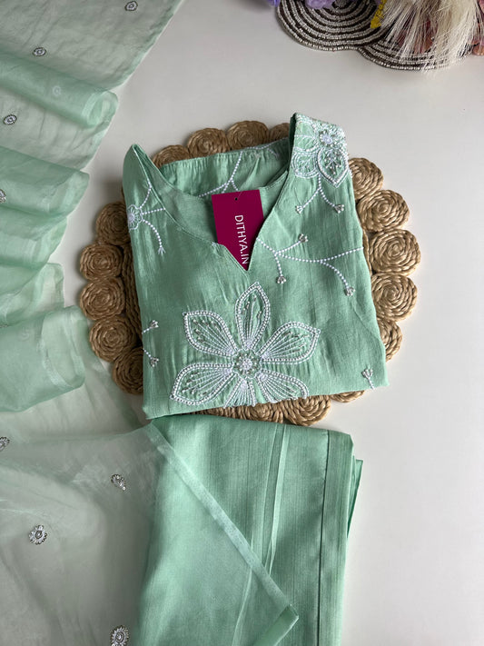 K100 - Roman silk embroidered straight Kurti with pants and dupatta
