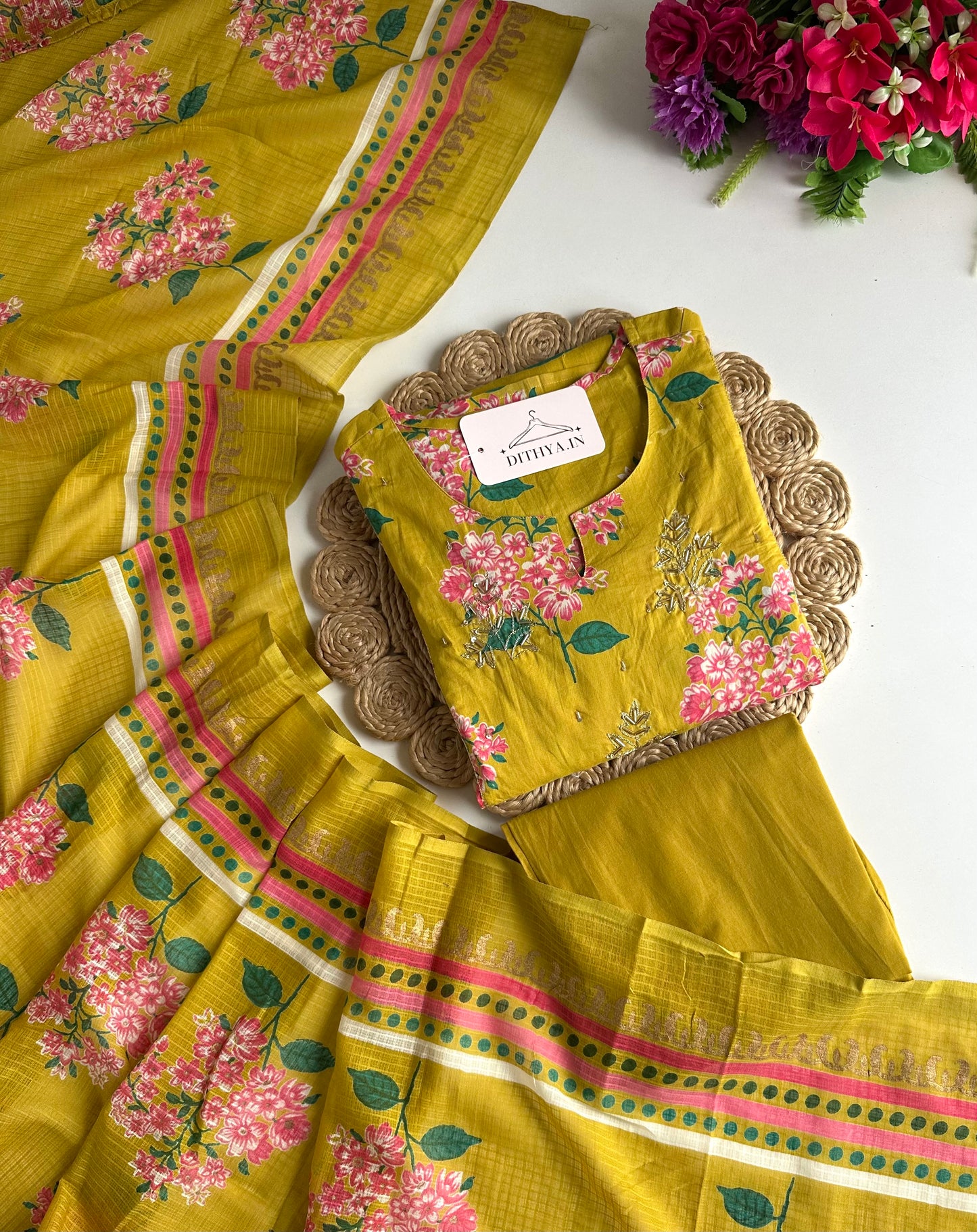K060 - Mul cotton floral Anarkali with pants and dupatta
