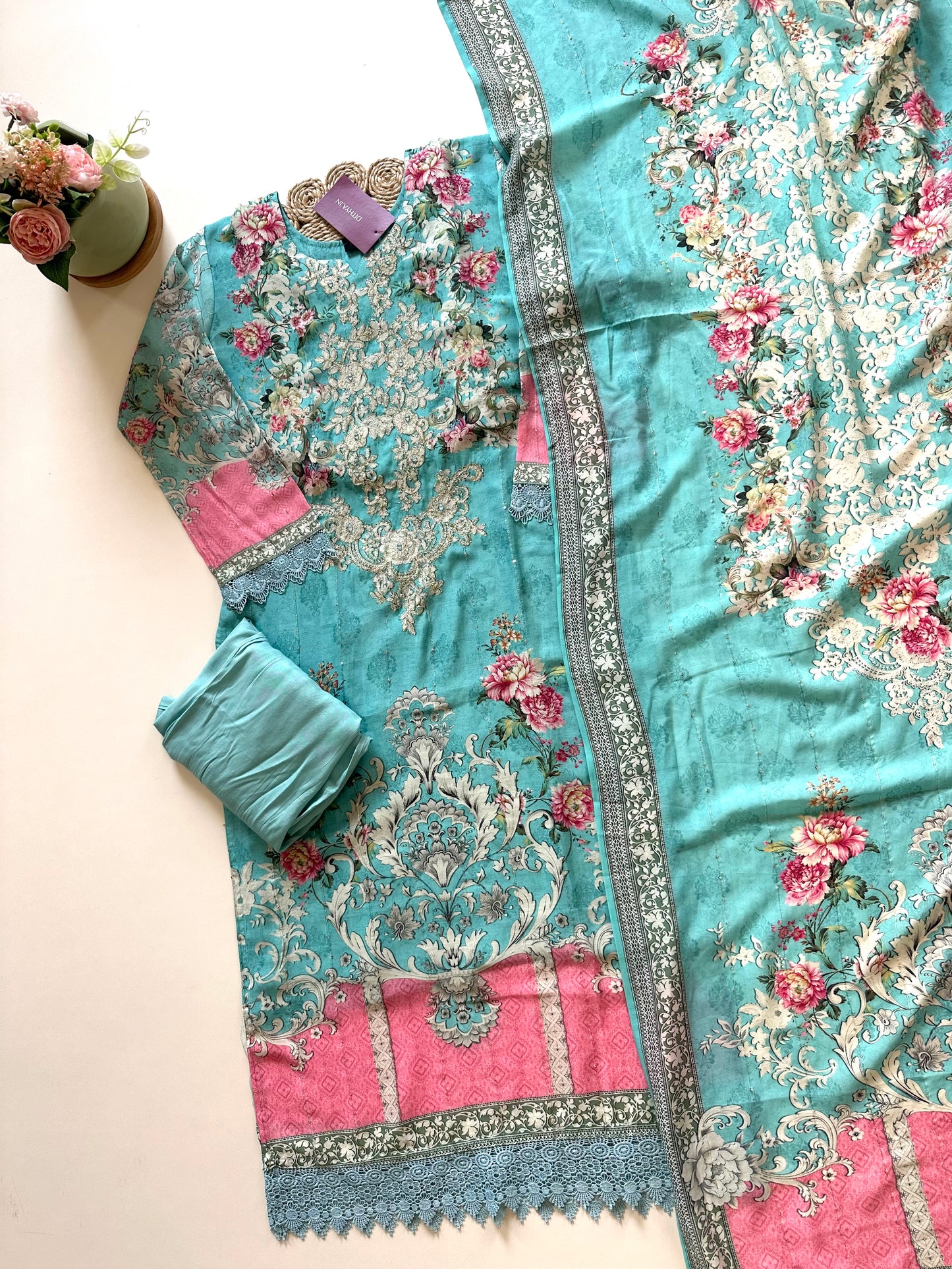 K234 - Muslin silk Zari printed straight kurti with pants and dupatta .