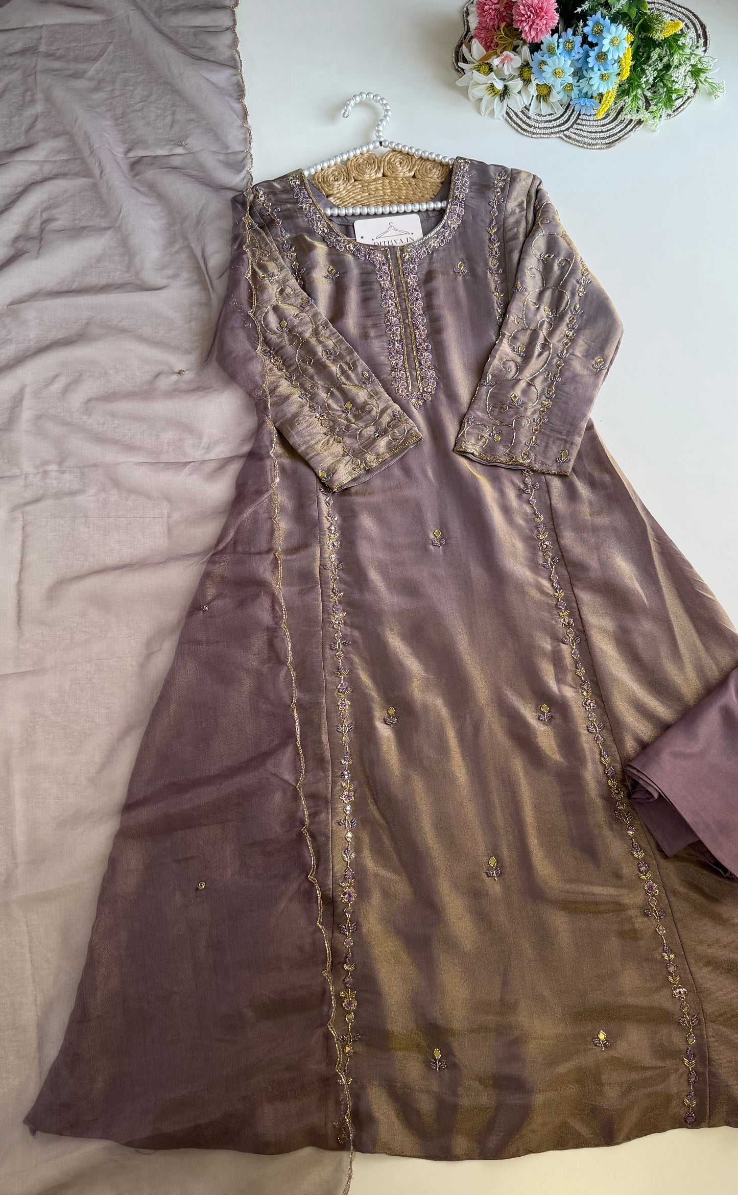 K635 - Tissue silk handwork Anarkali with pants and dupatta