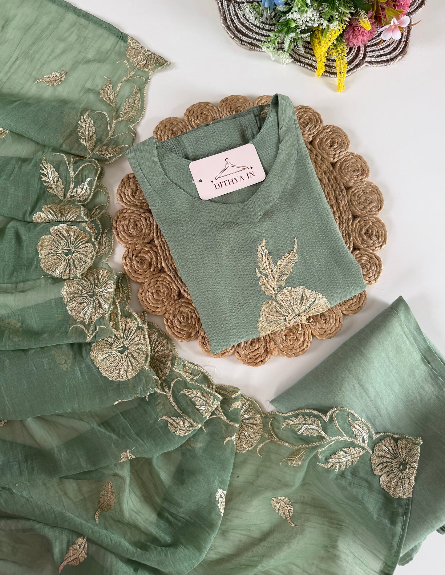 K542 - Muslin doriya embroidered straight Kurti with pants and dupatta