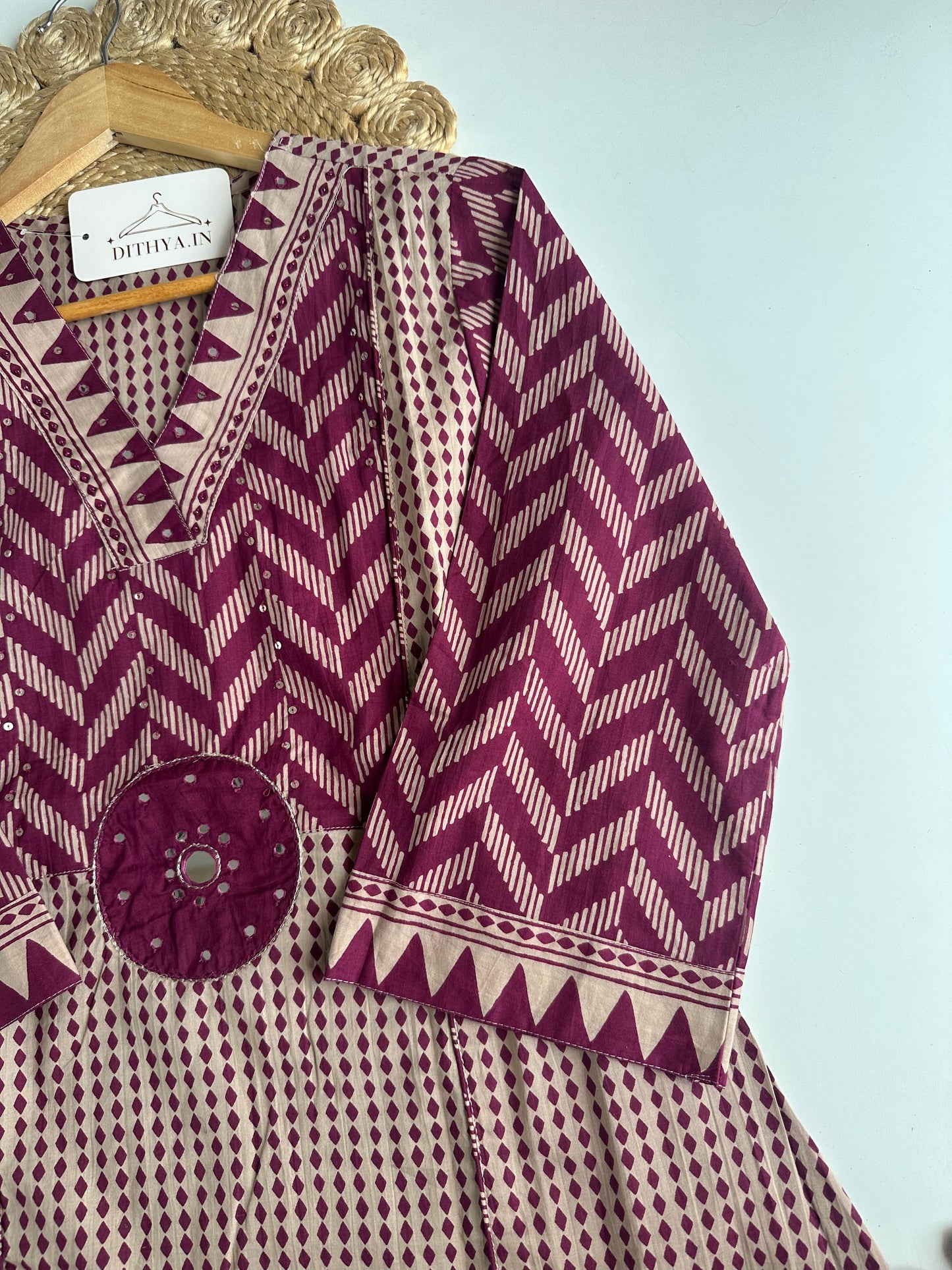 K717 - Mul cotton embroidered Aline Kurti with pants and dupatta