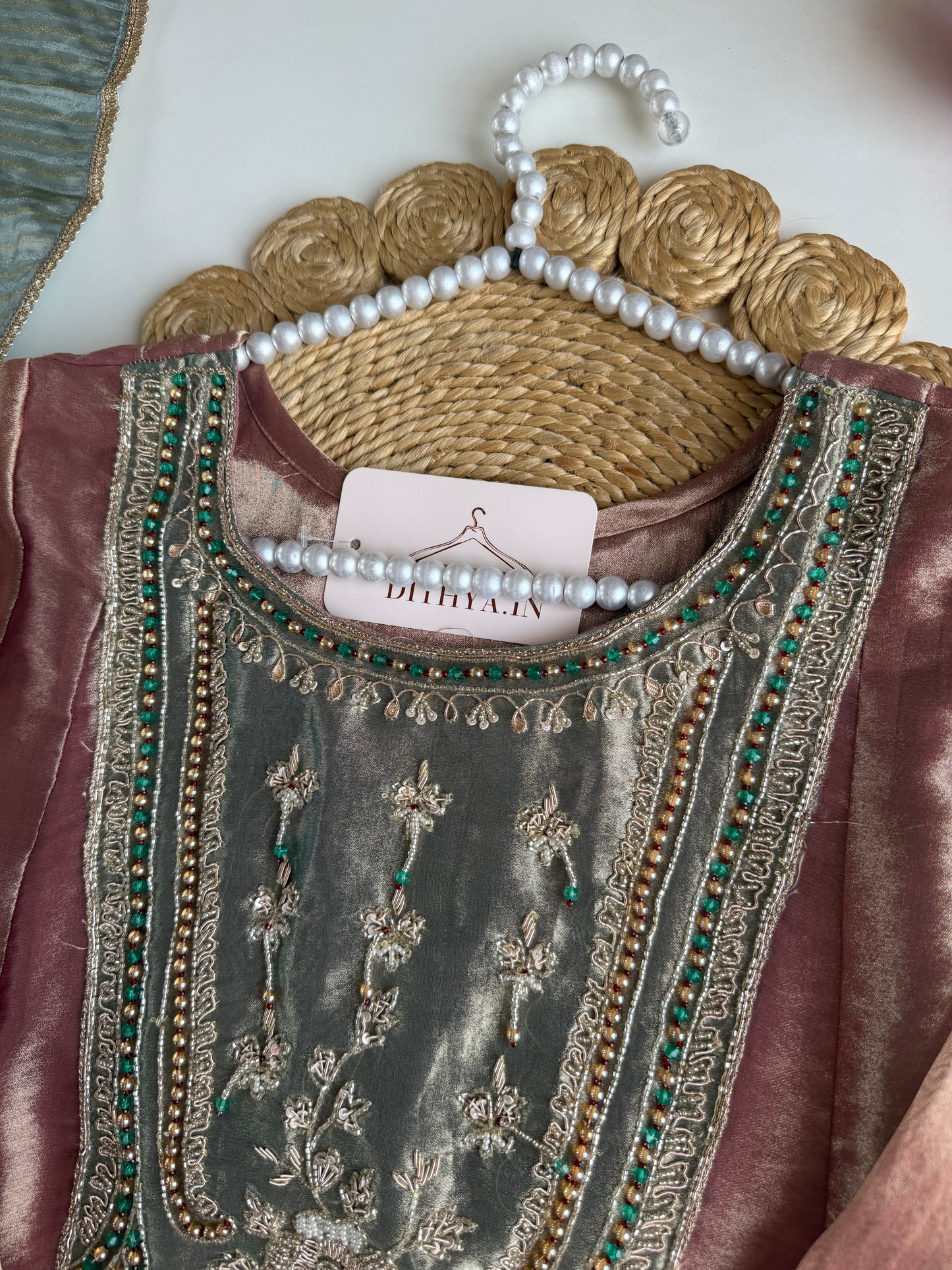 K470 - Tissue silk handwork Anarkali with pants and dupatta