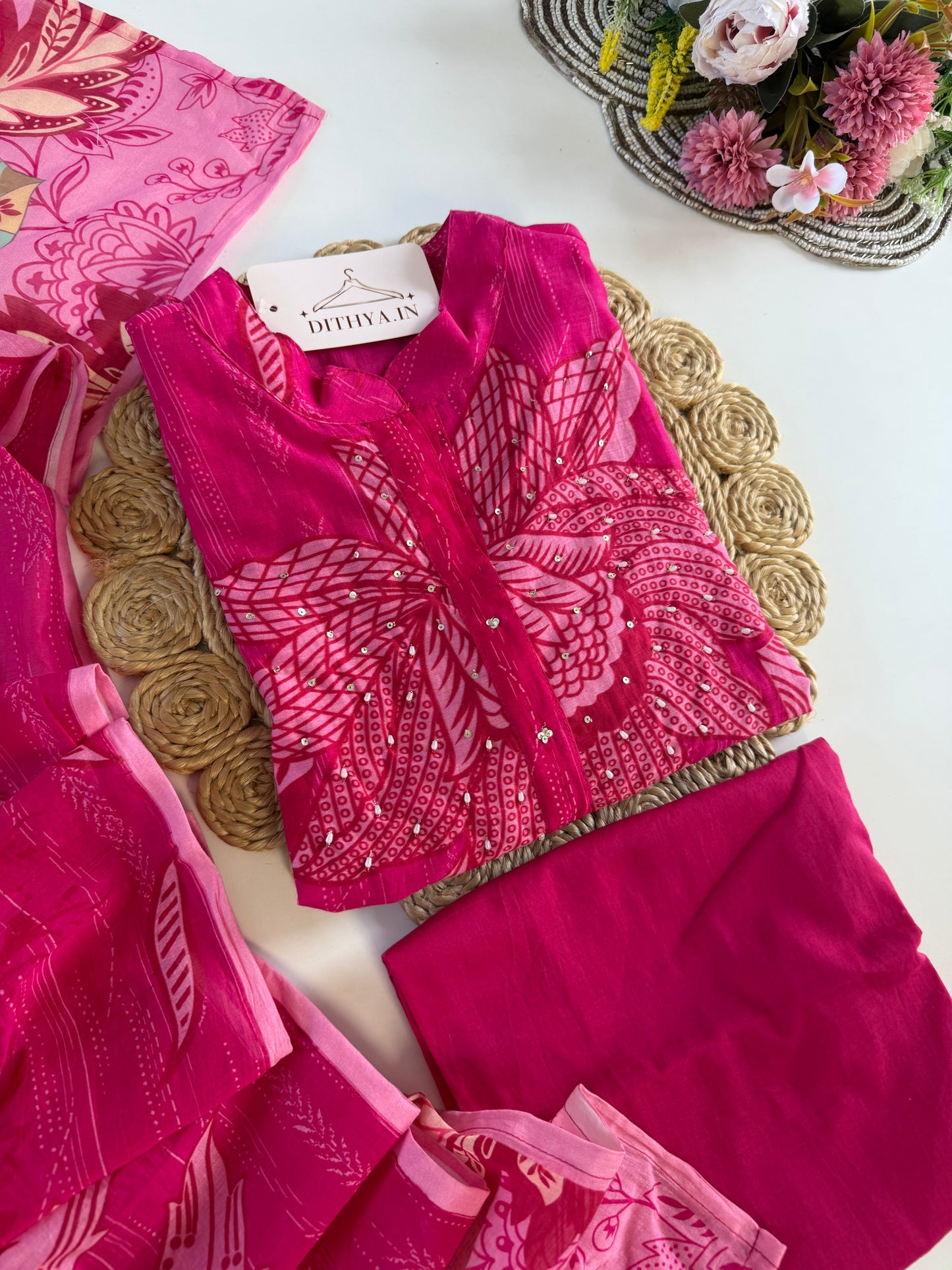 K623 - Mul cotton embroidered straight Kurti with pants and dupatta