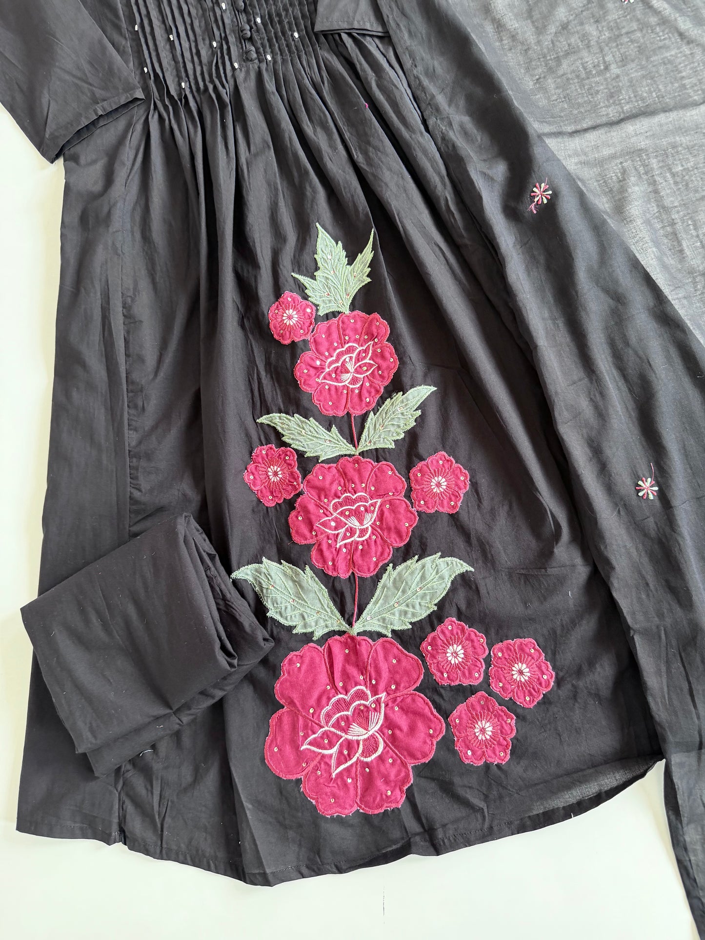 K642 - Mul cotton pleated embroidered Anarkali with pants and dupatta