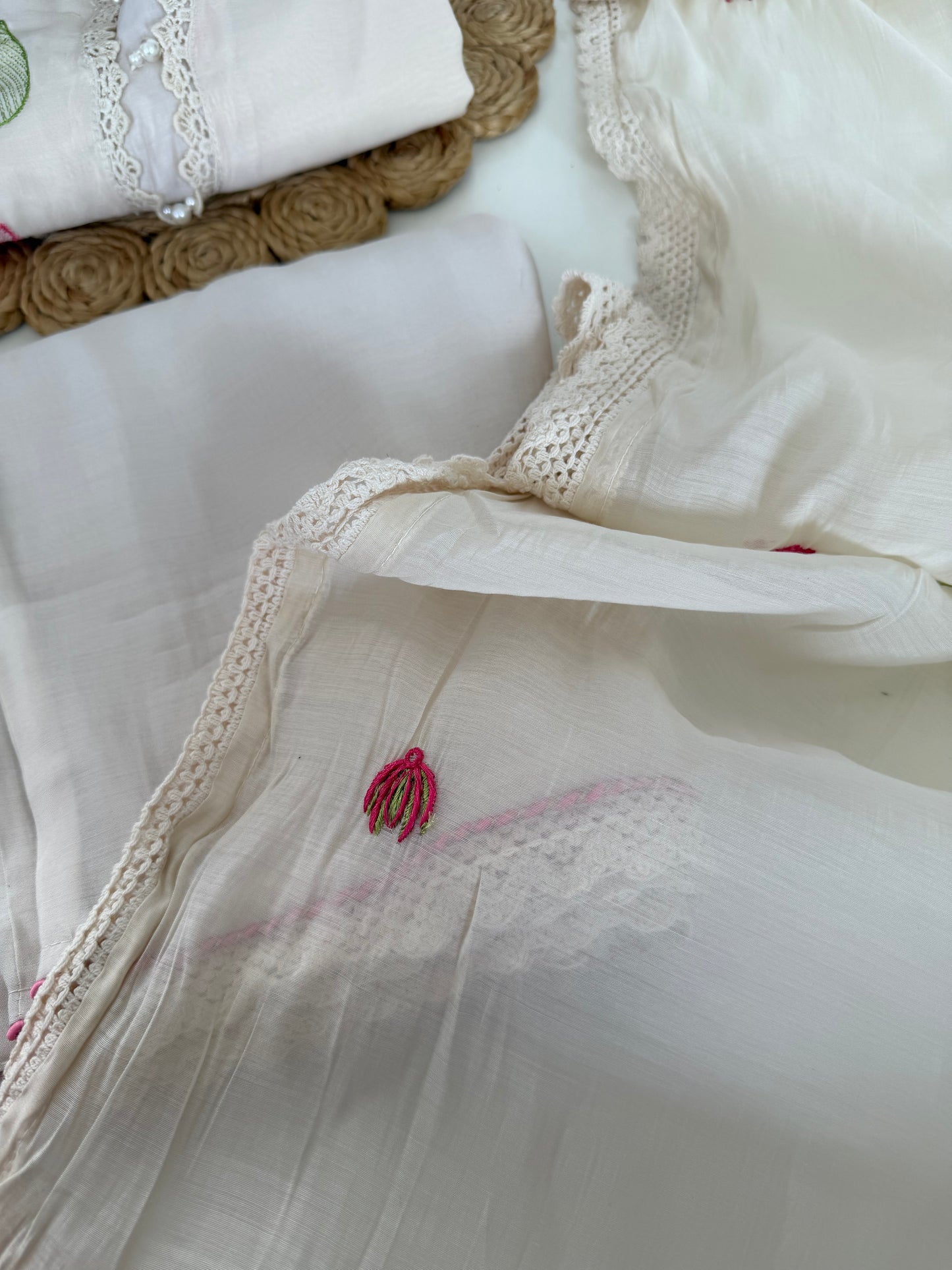 K345 - Muslin silk embroidered straight Kurti with pants and dupatta in 2 colours