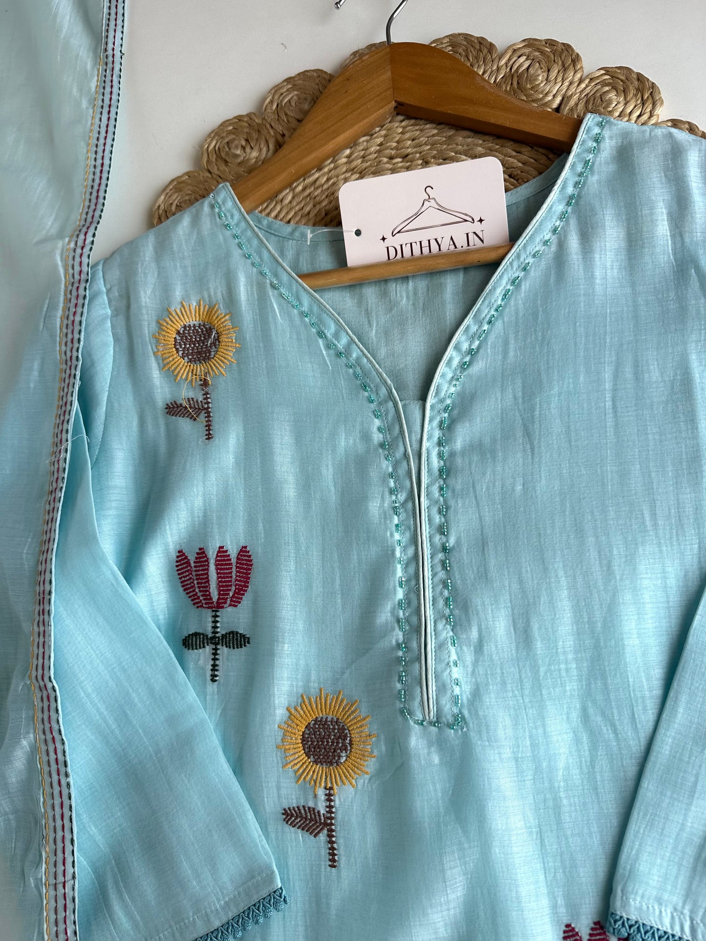 K473 - Muslin cotton embroidered straight Kurti with pants and dupatta