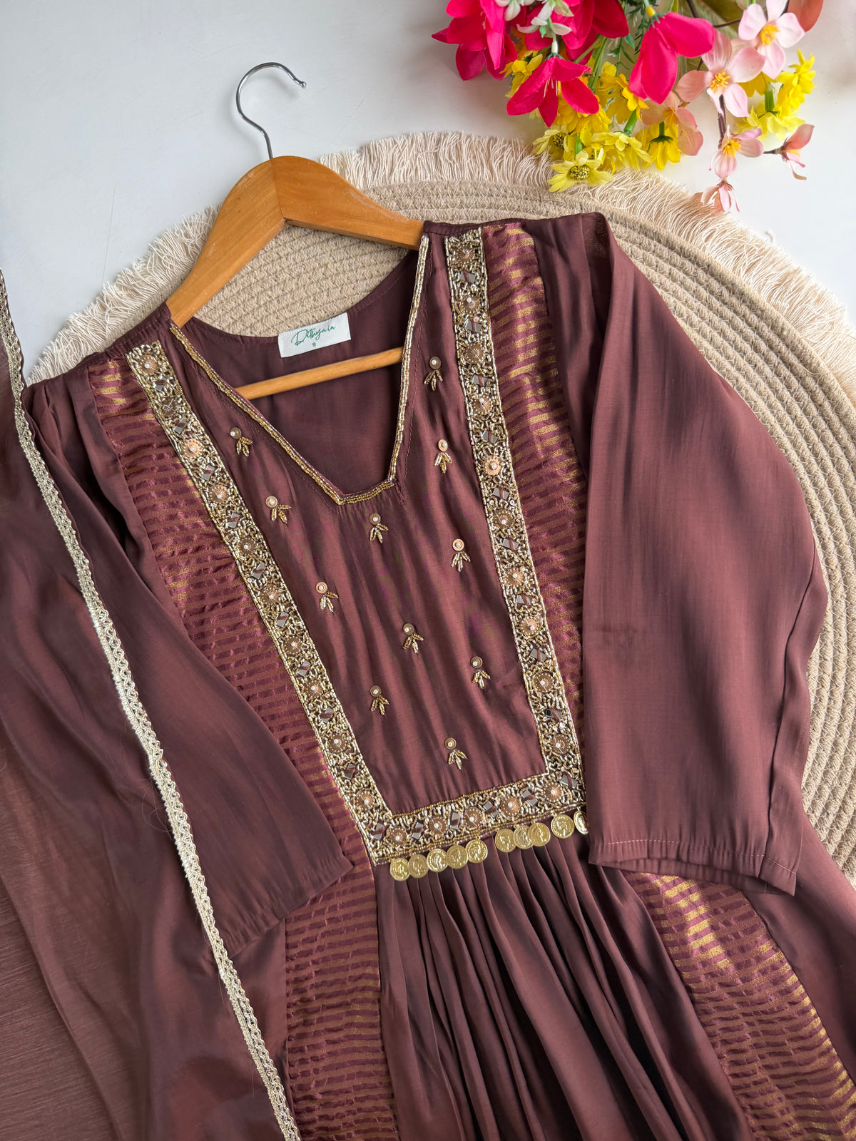 K039 - Surat Mul chanderi handwork Anarkali with pants and dupatta
