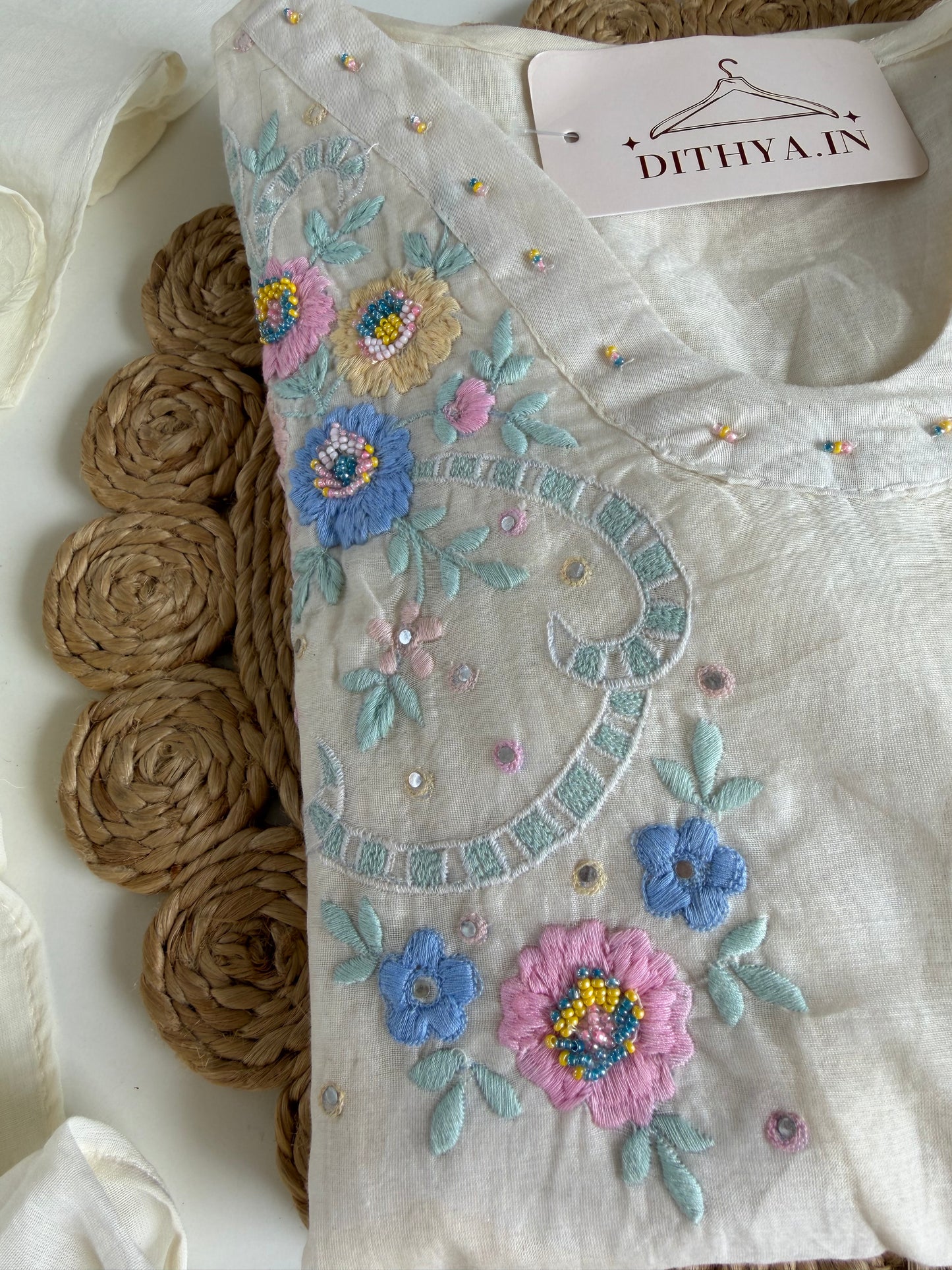 K682 - Mul cotton embroidered Aline Kurti with pants and dupatta