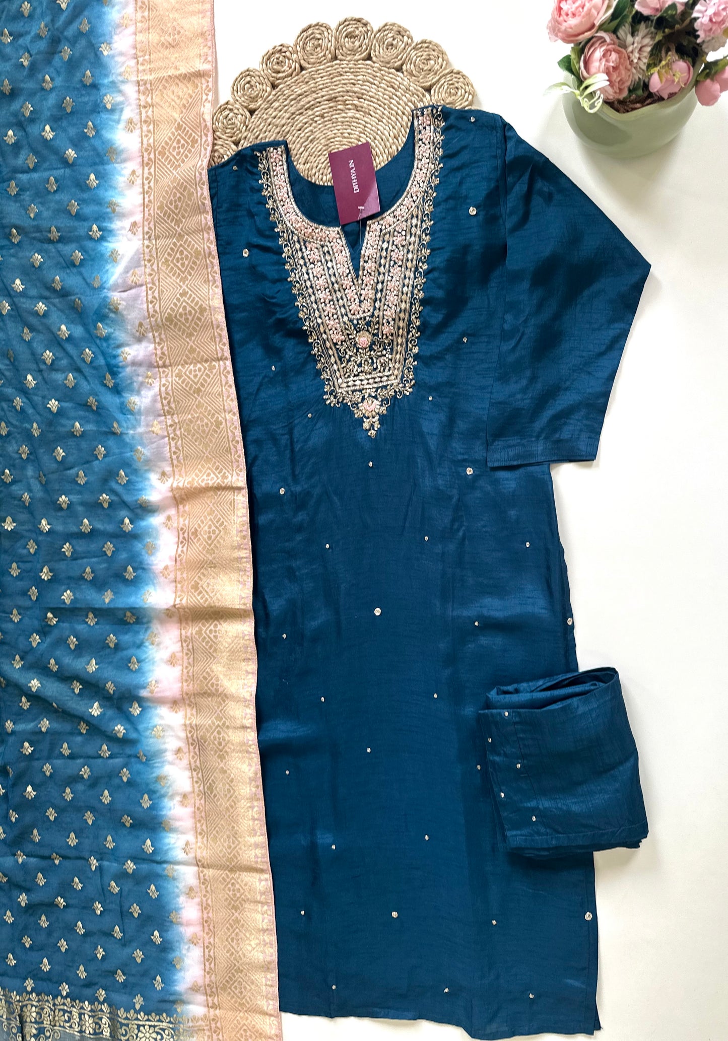 K309 - Zardosi work Russian silk straight kurti with pants and Banarasi silk dupatta .