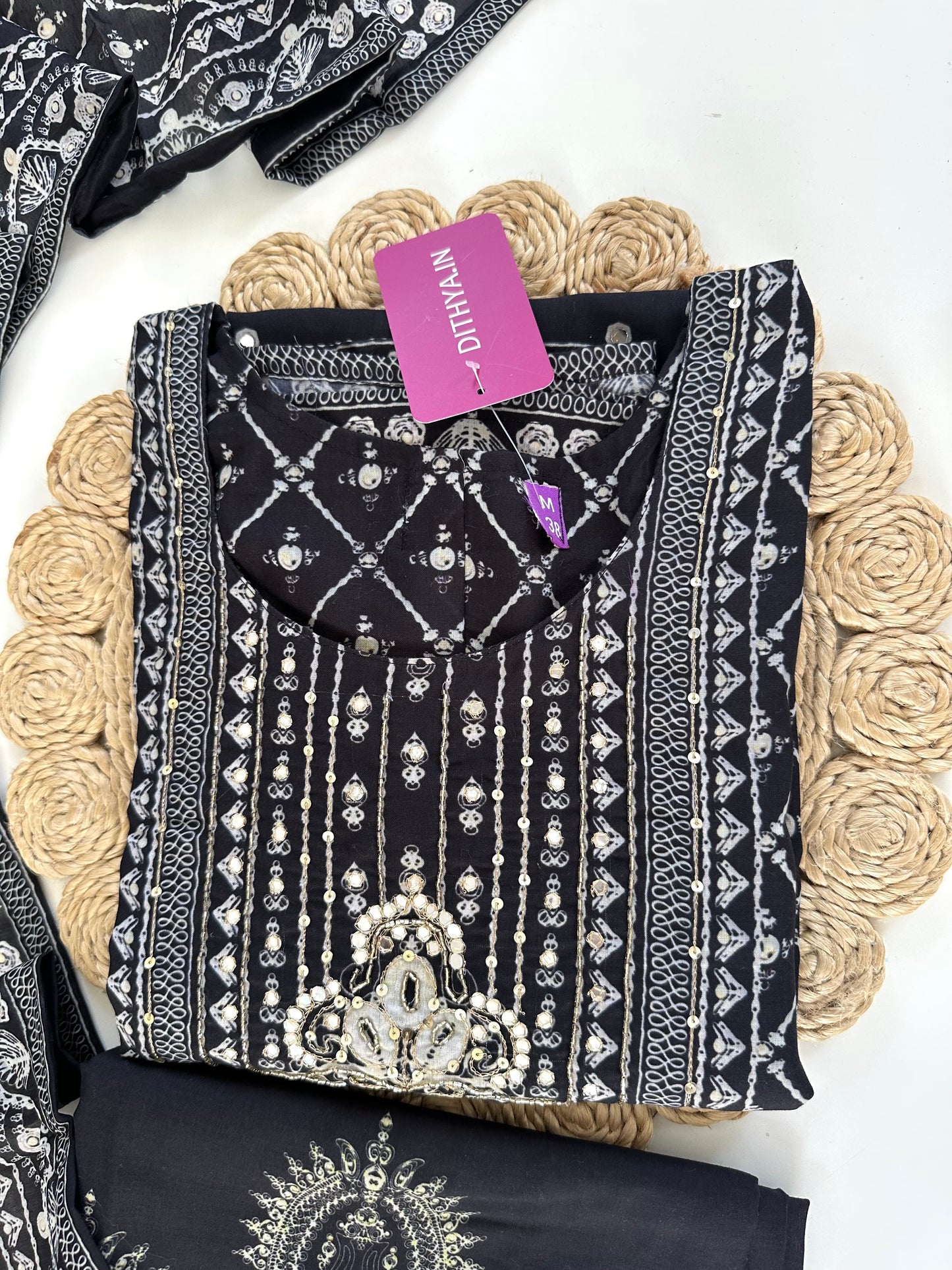 K264 - Cotton Handwork straight Kurti with pants and dupatta
