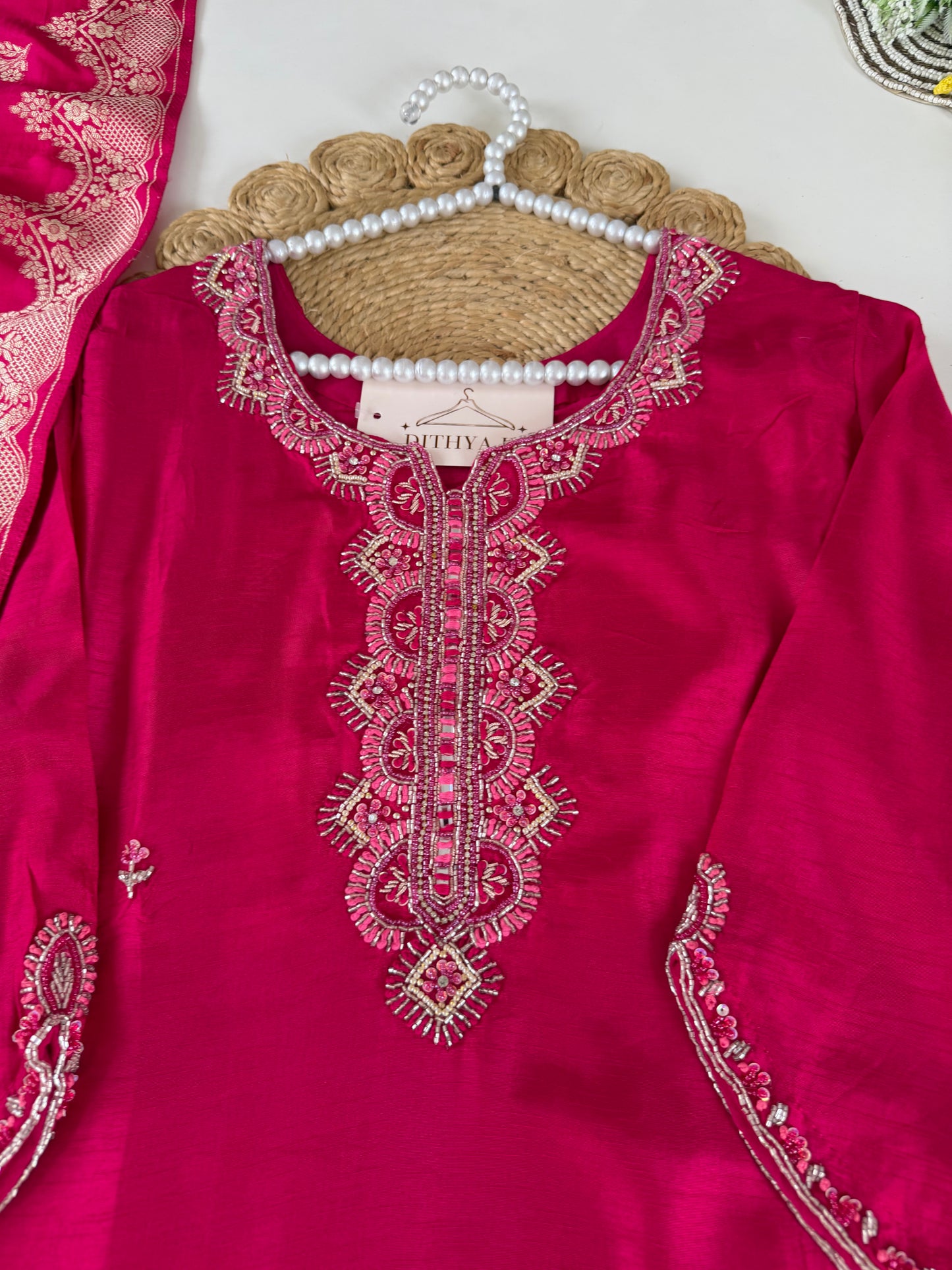 K640 - Dola silk Handwork straight Kurti with pants and dupatta