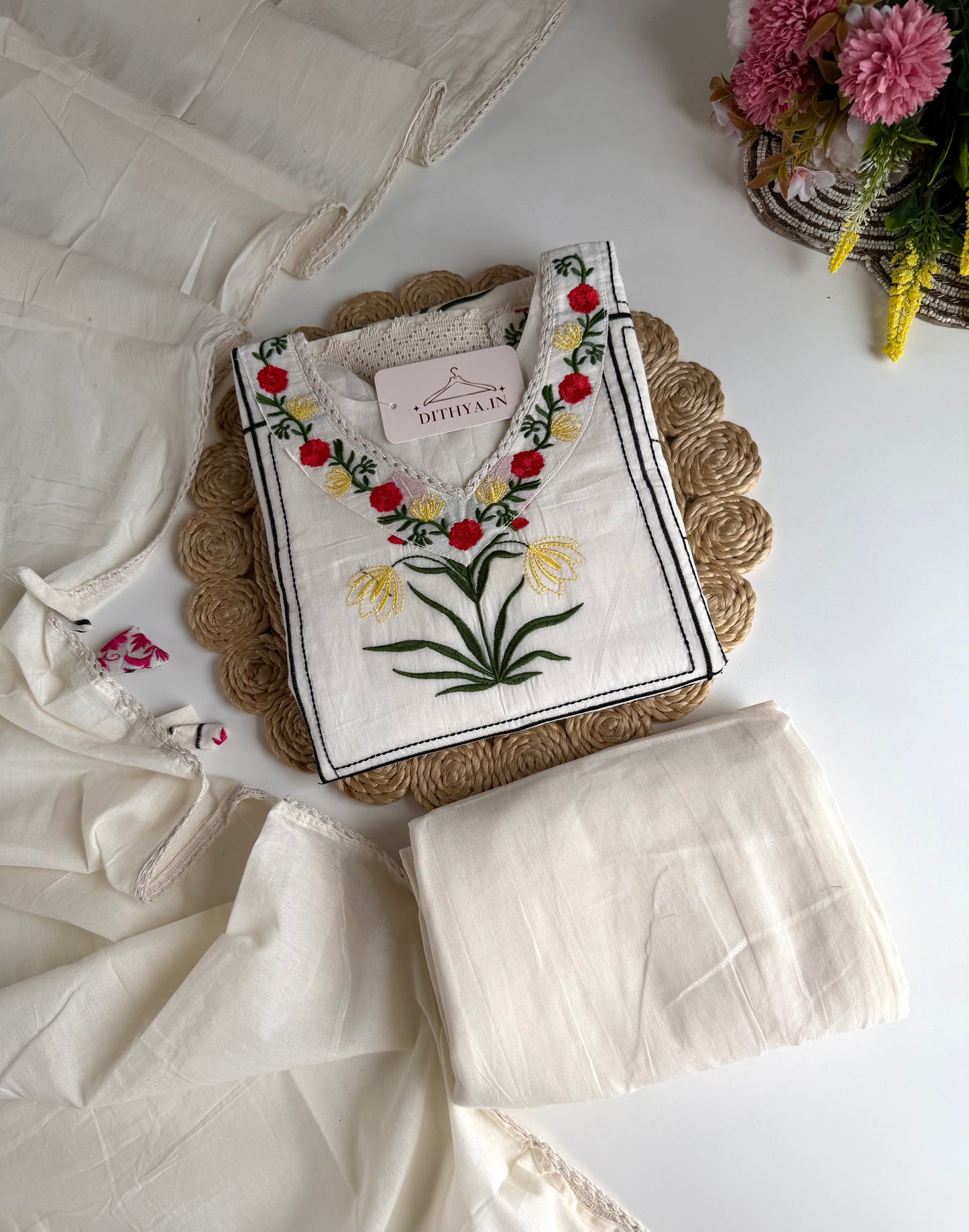 K670 - Mul cotton embroidered straight Kurti with pants and dupatta