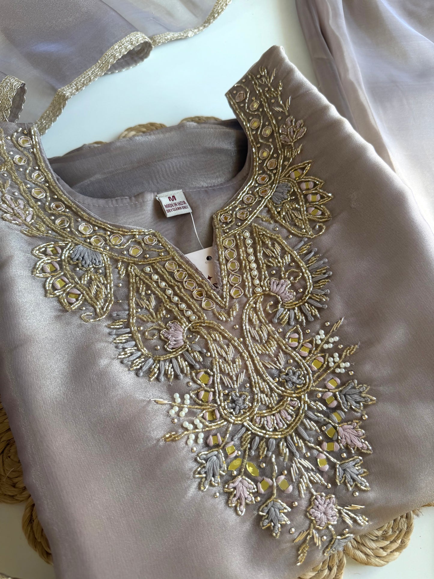 K540 - Tissue silk handwork aline Kurti with pants and dupatta