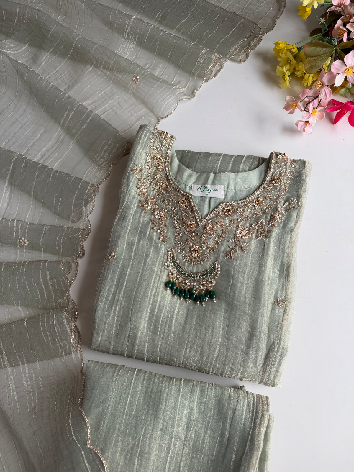 K247 - Crush tissue silk handwork aline Kurti with pants and dupatta