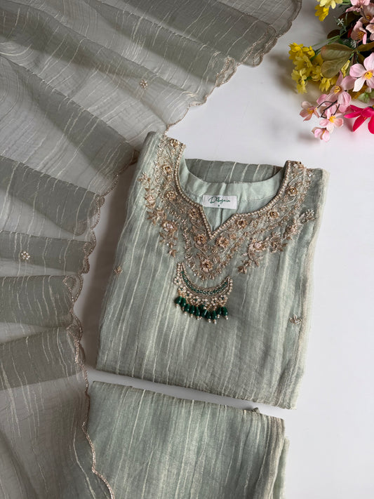 K247 - Crush tissue silk handwork aline Kurti with pants and dupatta