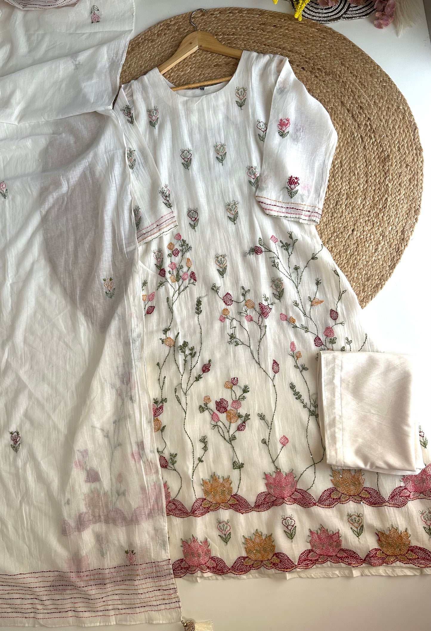 K463 - Mul Chanderi embroidered Aline Kurti with pants and dupatta