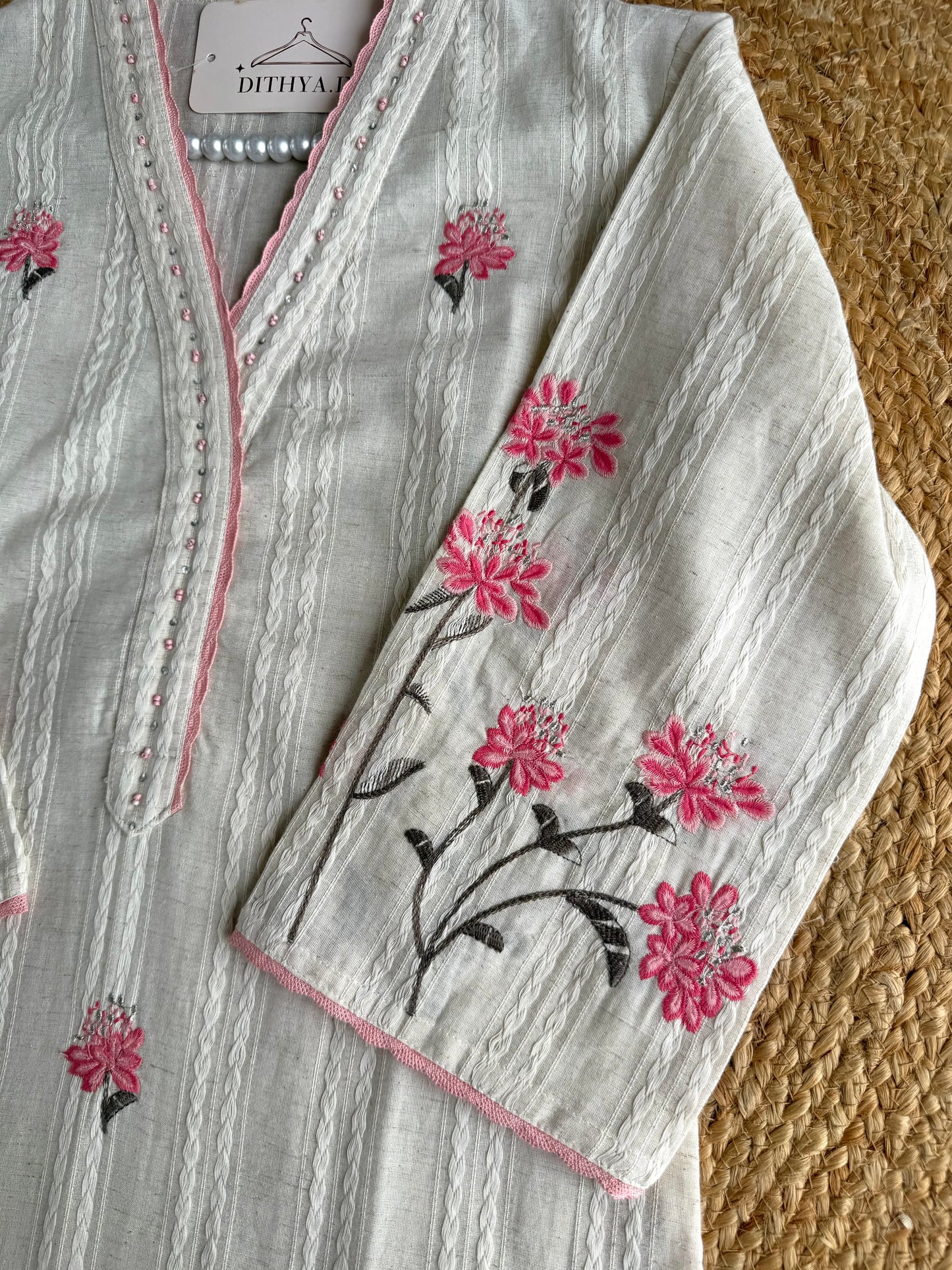 K119 - Linen cotton embroidered straight Kurti with pants and dupatta