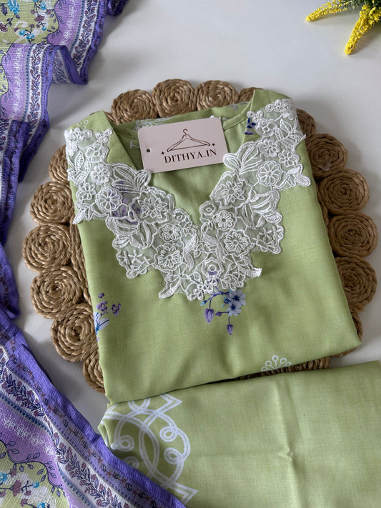 K023 - Mul cotton embroidered straight kurti with pants and dupatta