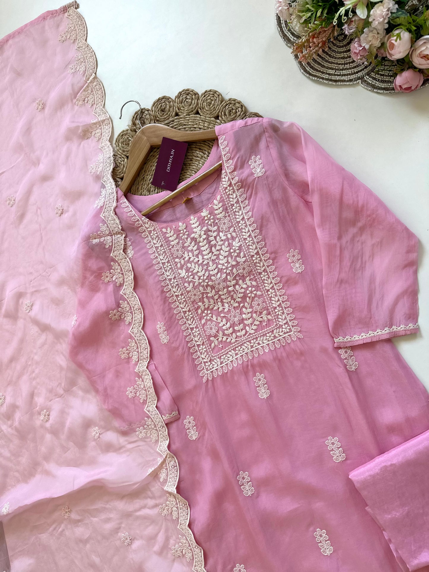 K350 - Mul cotton embroidered straight kurti with pants and dupatta.