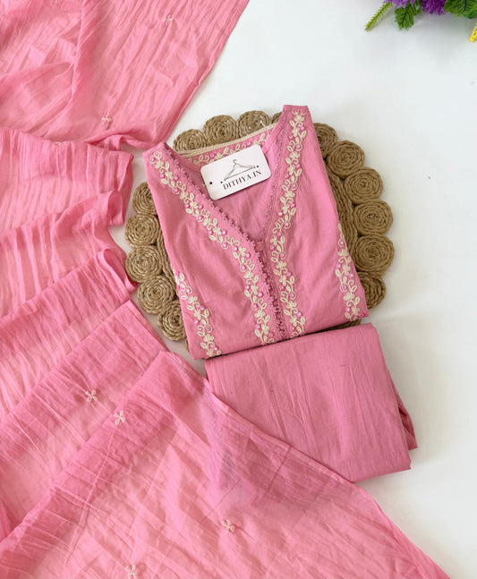 K358 - Mul cotton embroidered Aline Kurti with pants and dupatta