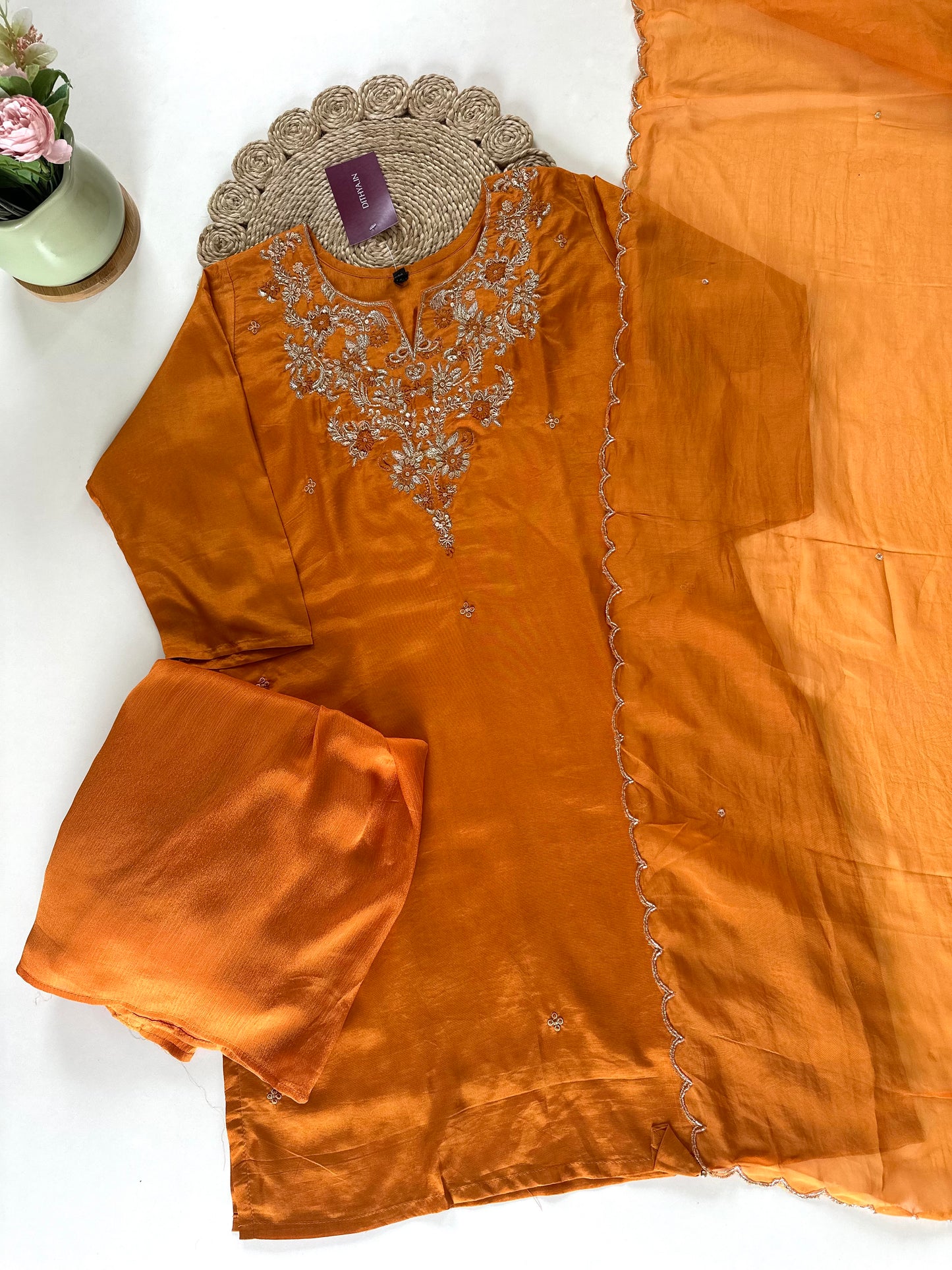 K051 - Russian silk handwork short kurti with sharara and dupatta .