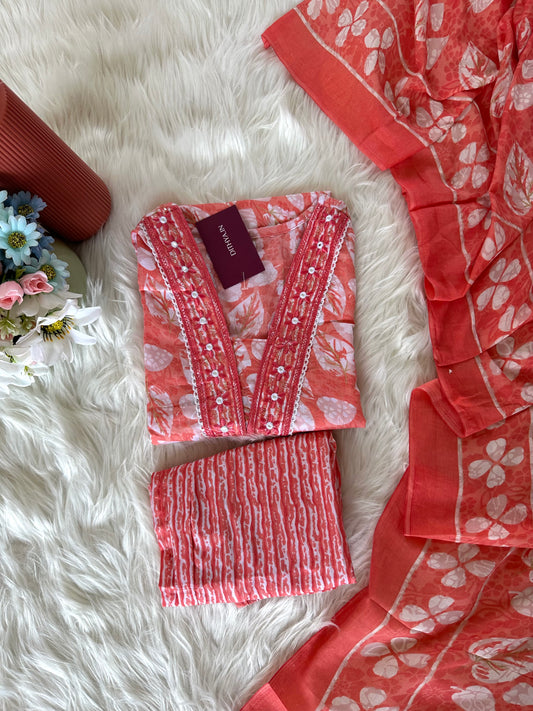 K084 - Cotton printed straight Kurti with pants and dupatta