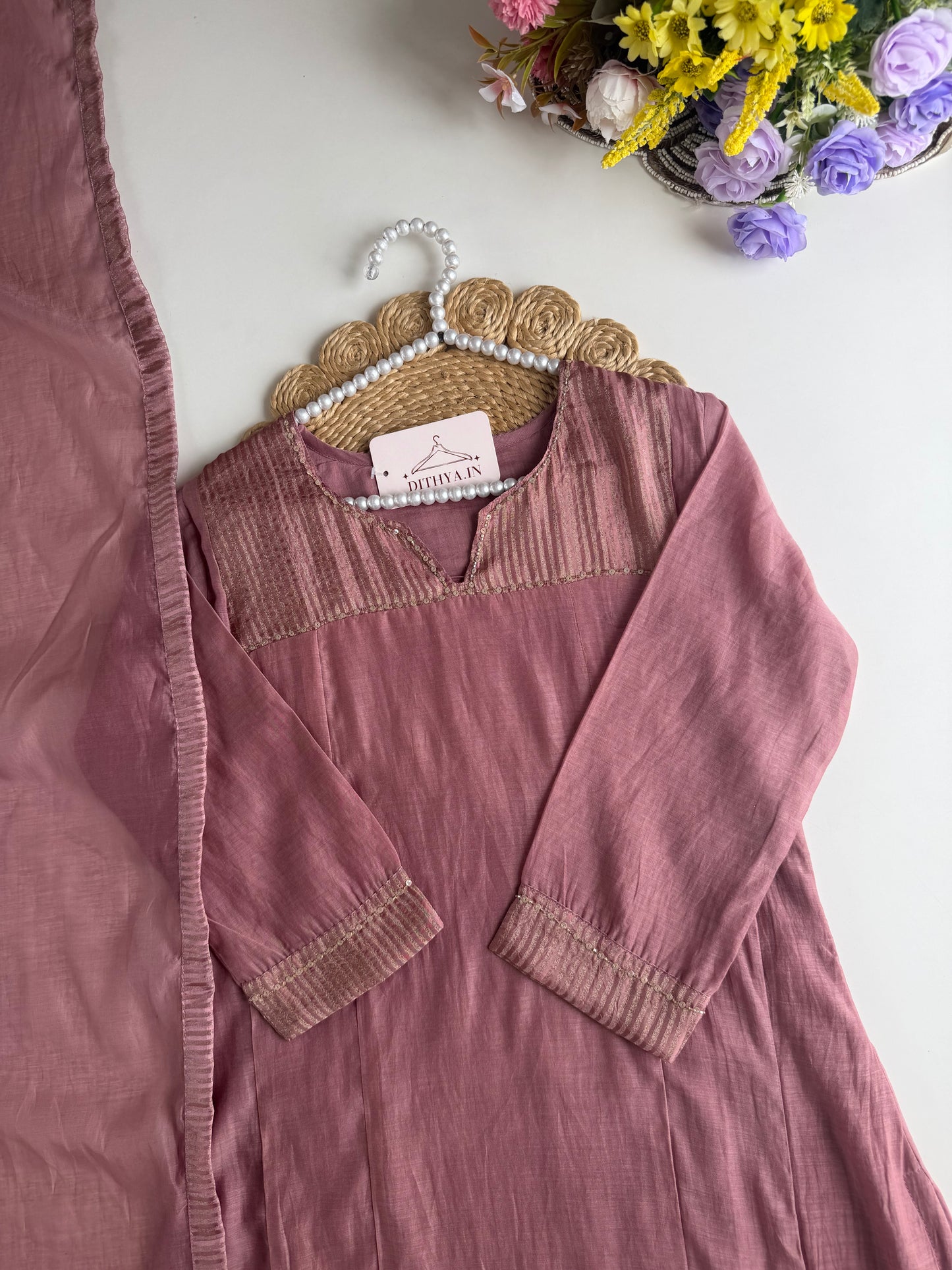 K166 - Mul chanderi zari Aline Kurti with pants and dupatta