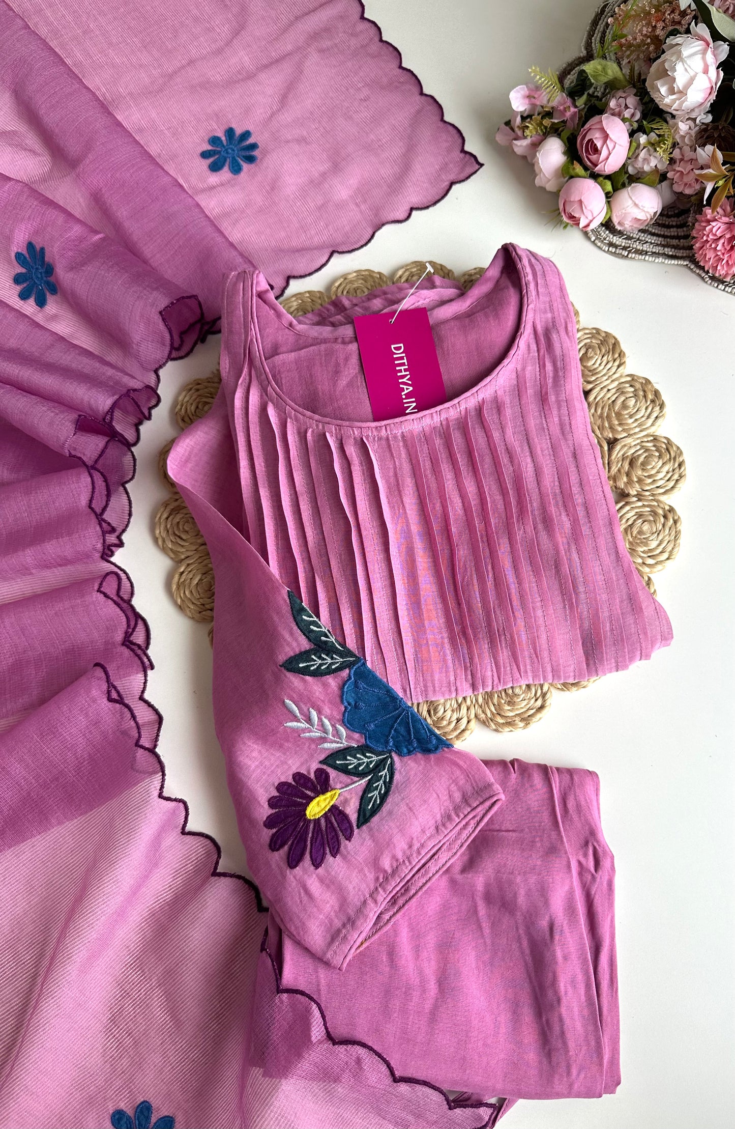 K126 - Mul Chanderi embroidered Aline Kurti with pants and dupatta