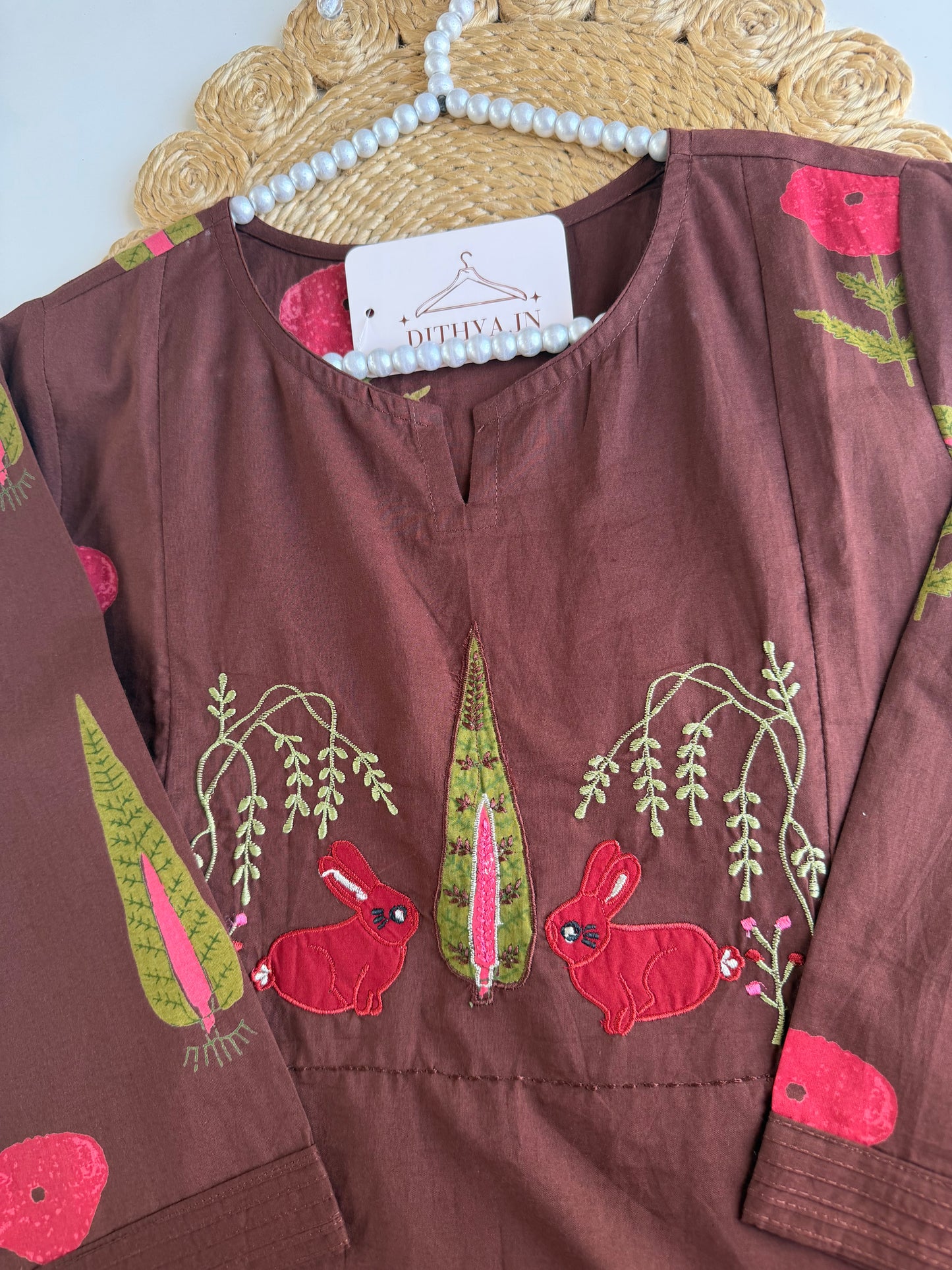 K587 - Mul cotton embroidered Aline Kurti with pants and dupatta