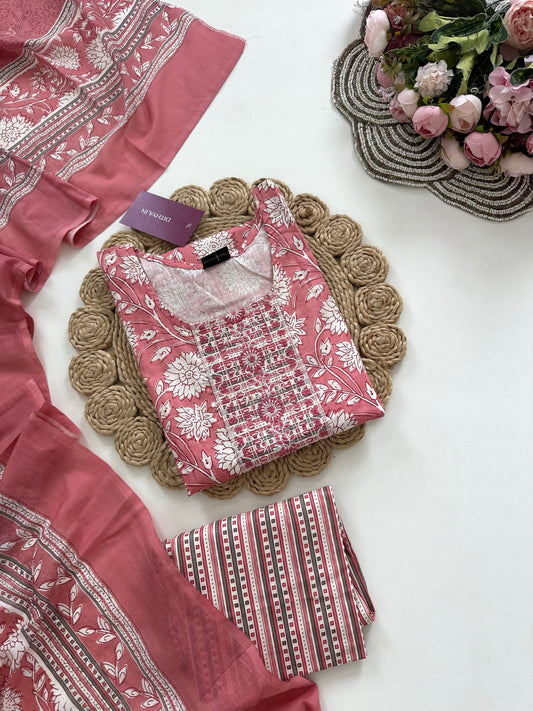 K278 - Cotton printed straight Kurti with pants and dupatta