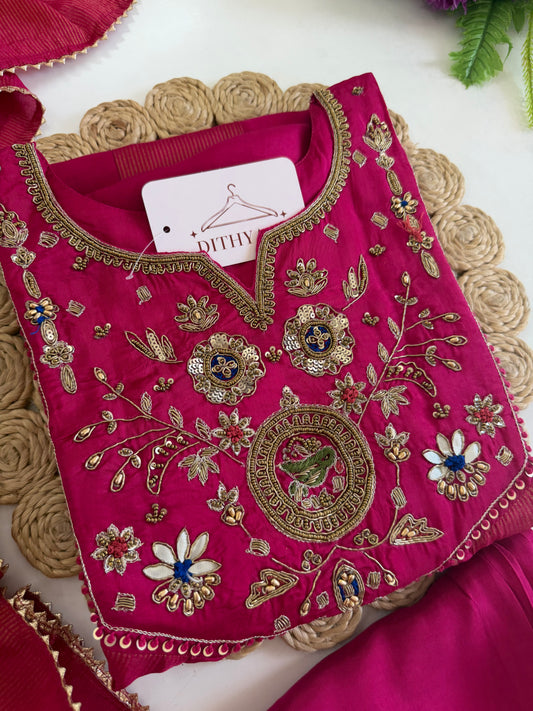 K598 - Mul chanderi & Tissue silk handwork Anarkali with pants and dupatta