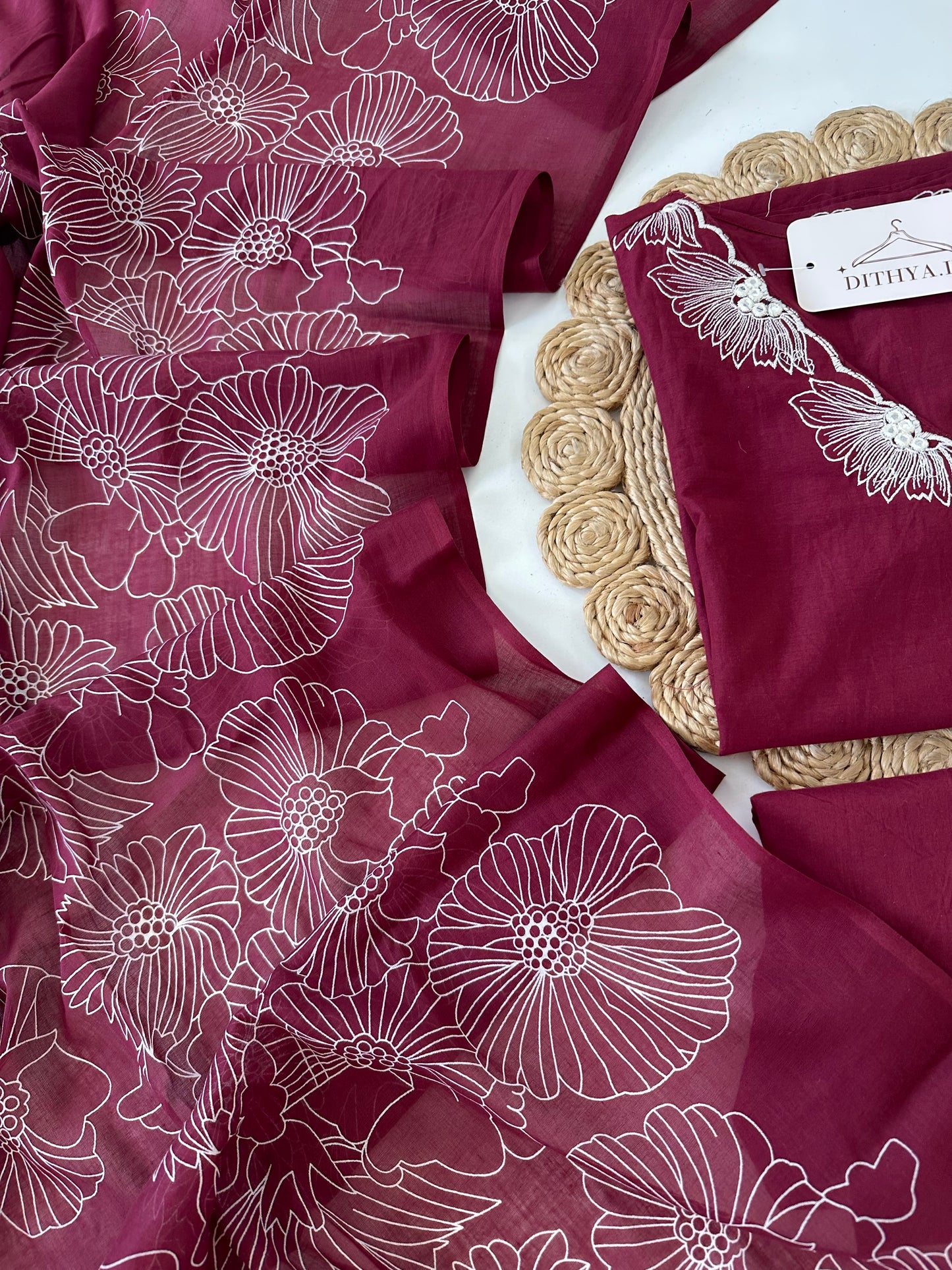 K075 - Mul cotton embroidered straight Kurti with pants and dupatta