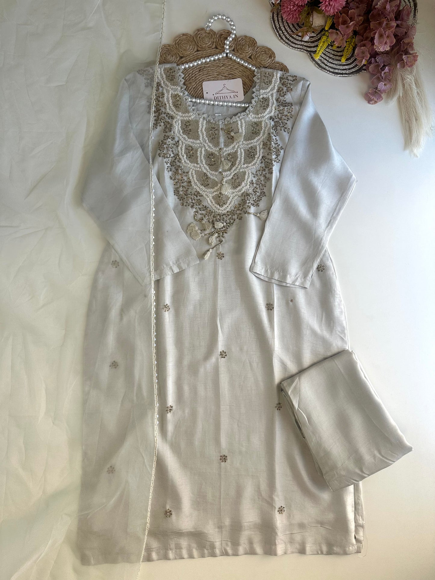 K498 - Russian silk handwork straight Kurti with pants and dupatta