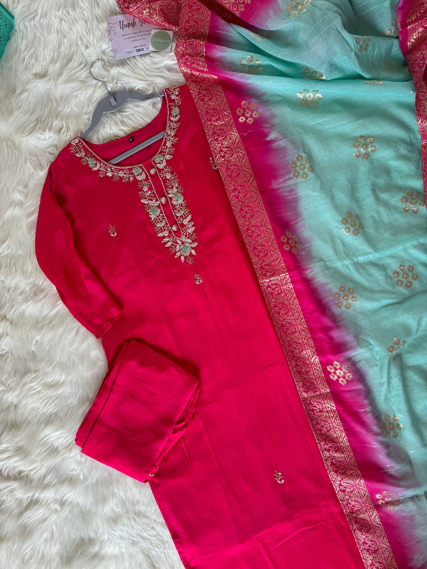 K168 - Chinnon straight kurti with pants and dupatta