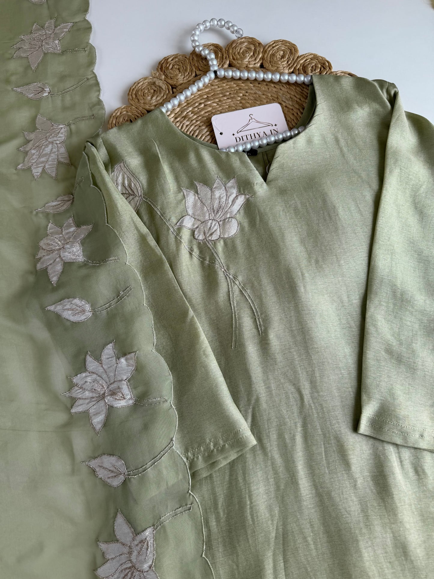 K229 - Dola silk appliqué work straight Kurti with pants and dupatta