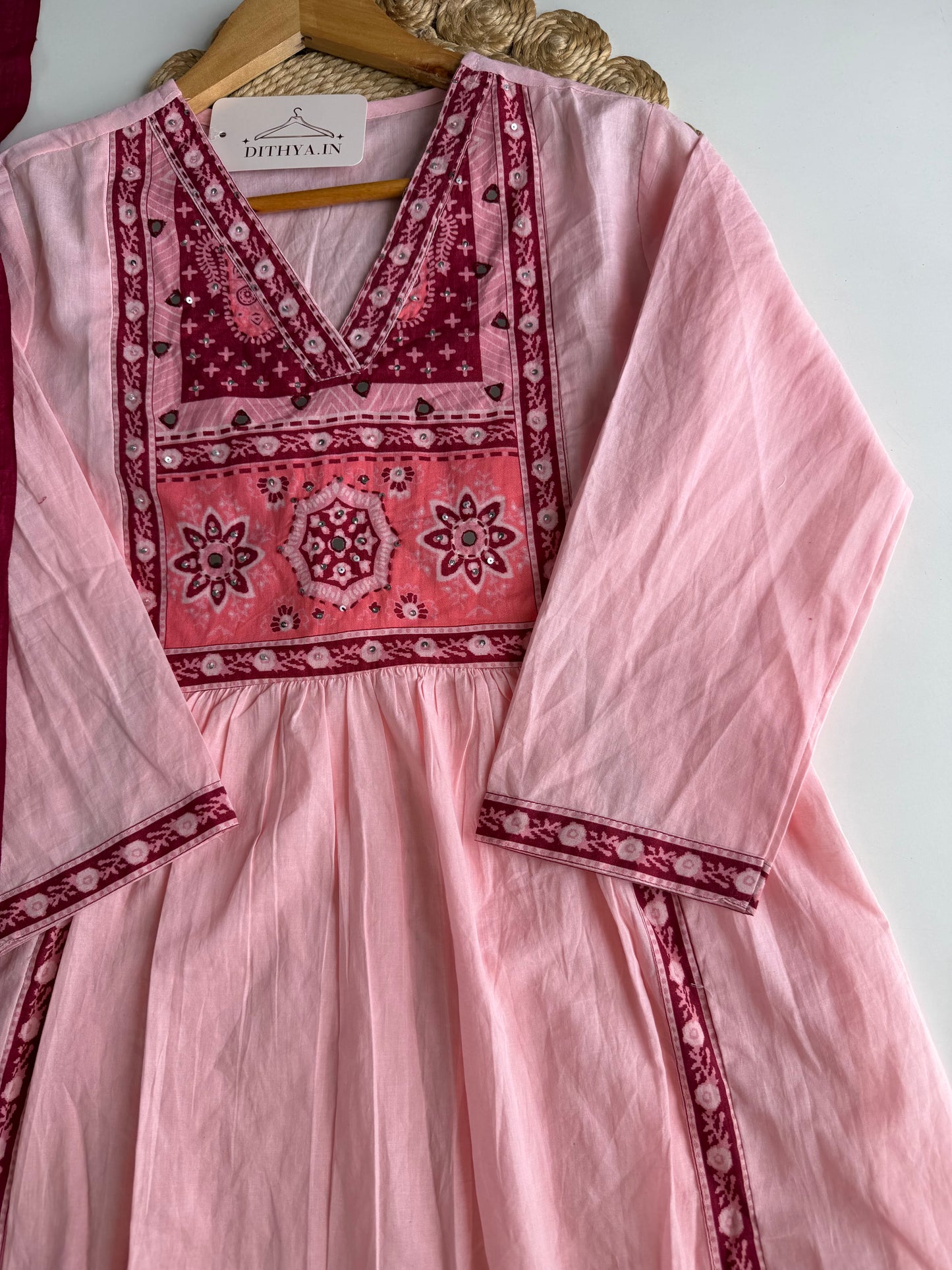 K349 - Mul cotton embroidered Anarkali with pants and dupatta
