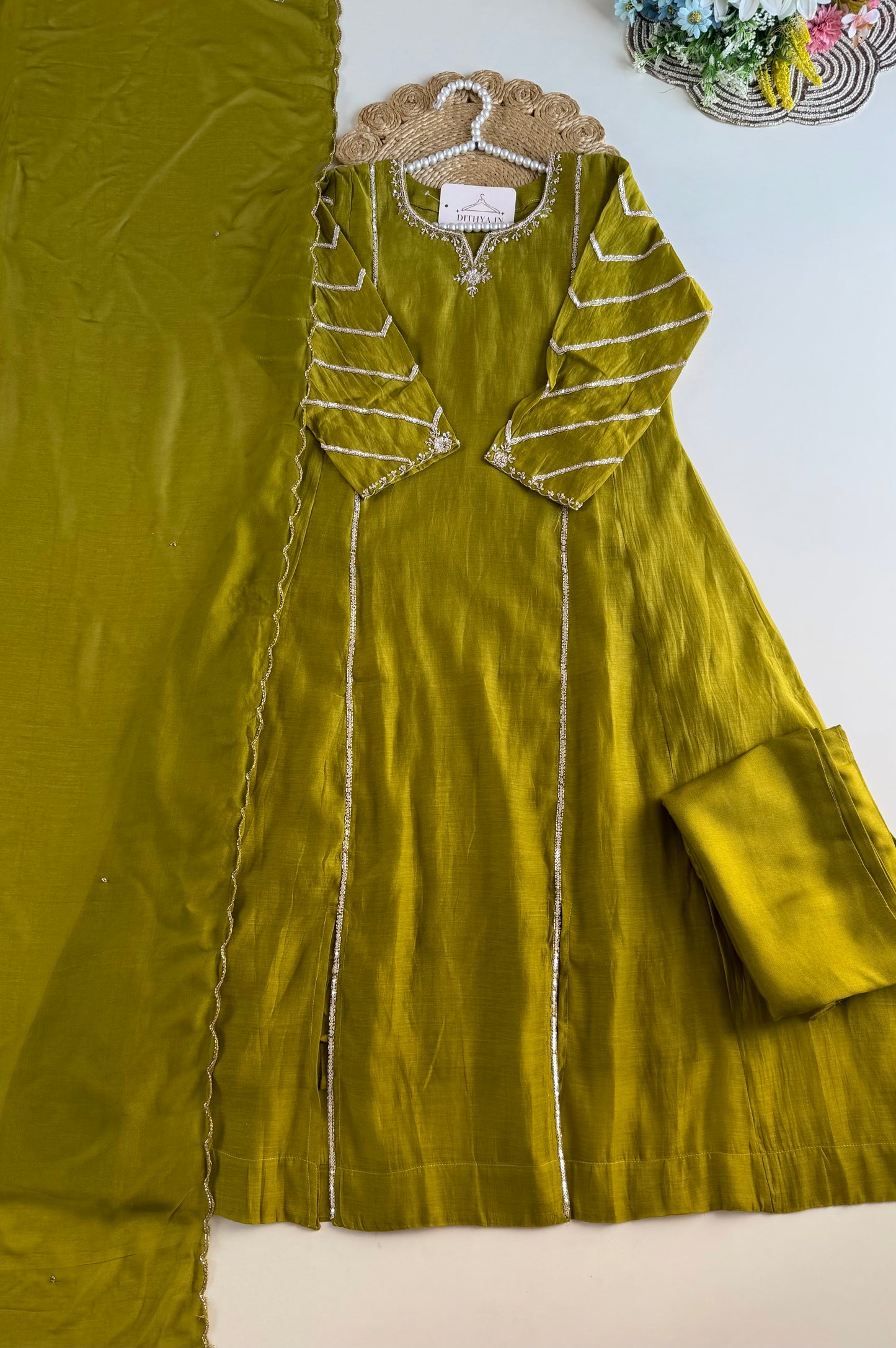 K569 - Mul chanderi handwork aline Kurti with pants and dupatta