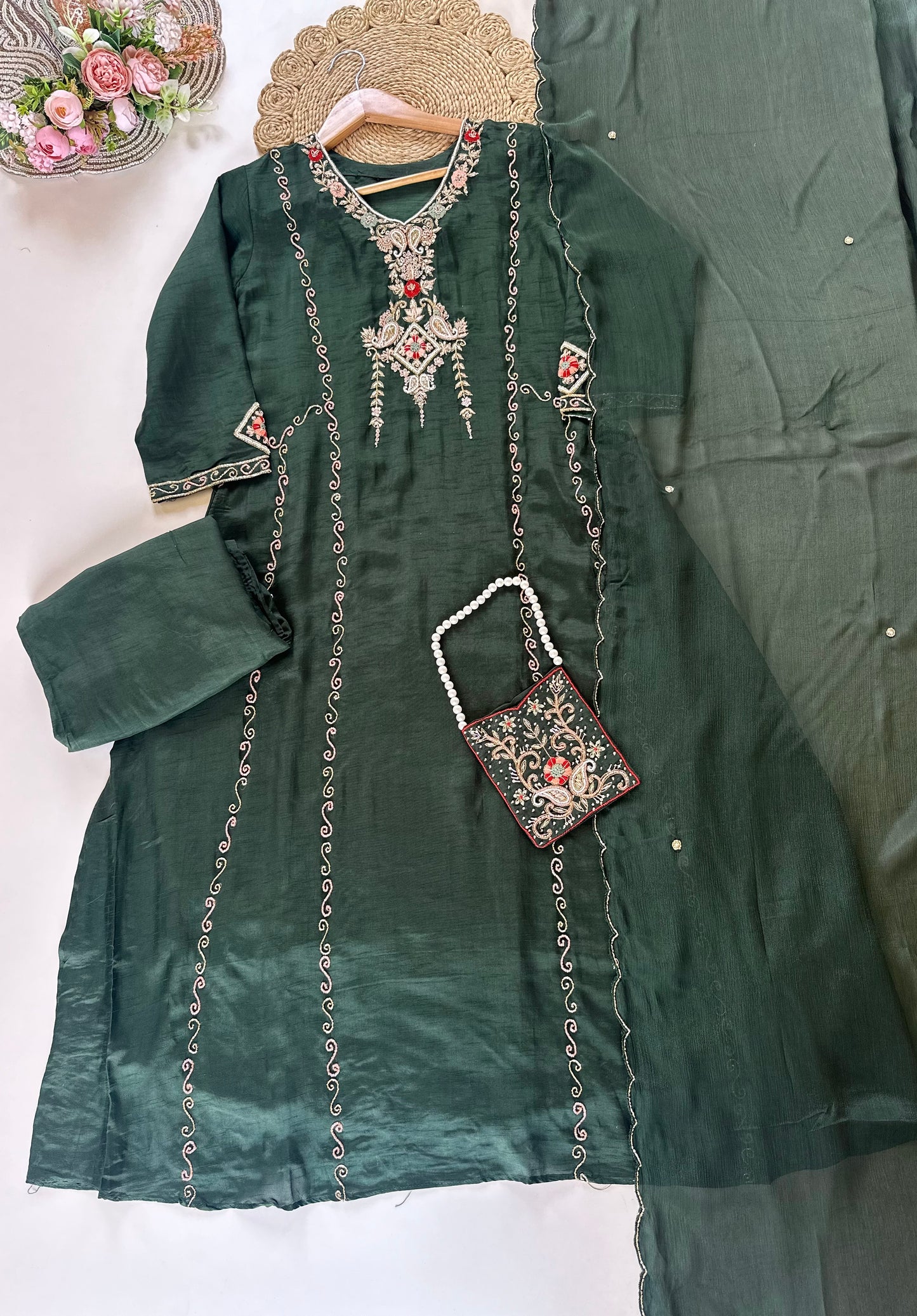 K311 - Russian silk handwork Aline Kurti with pants, dupatta and potli bag .