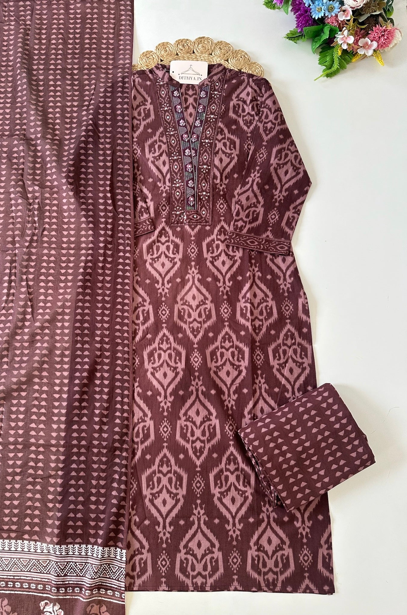 K367 - Mul cotton embroidered straight Kurti with pants and dupatta