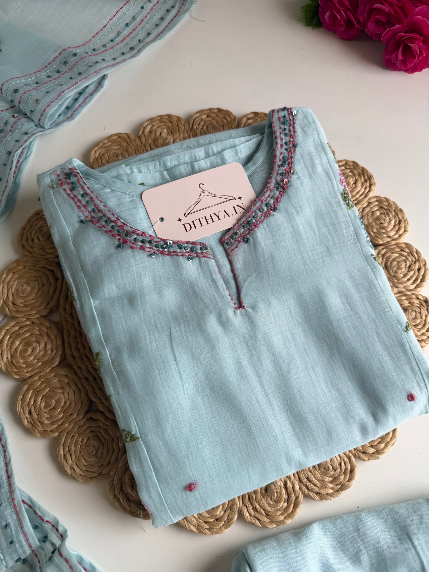 K723 - Mul chanderi embroidered straight Kurti with pants and dupatta