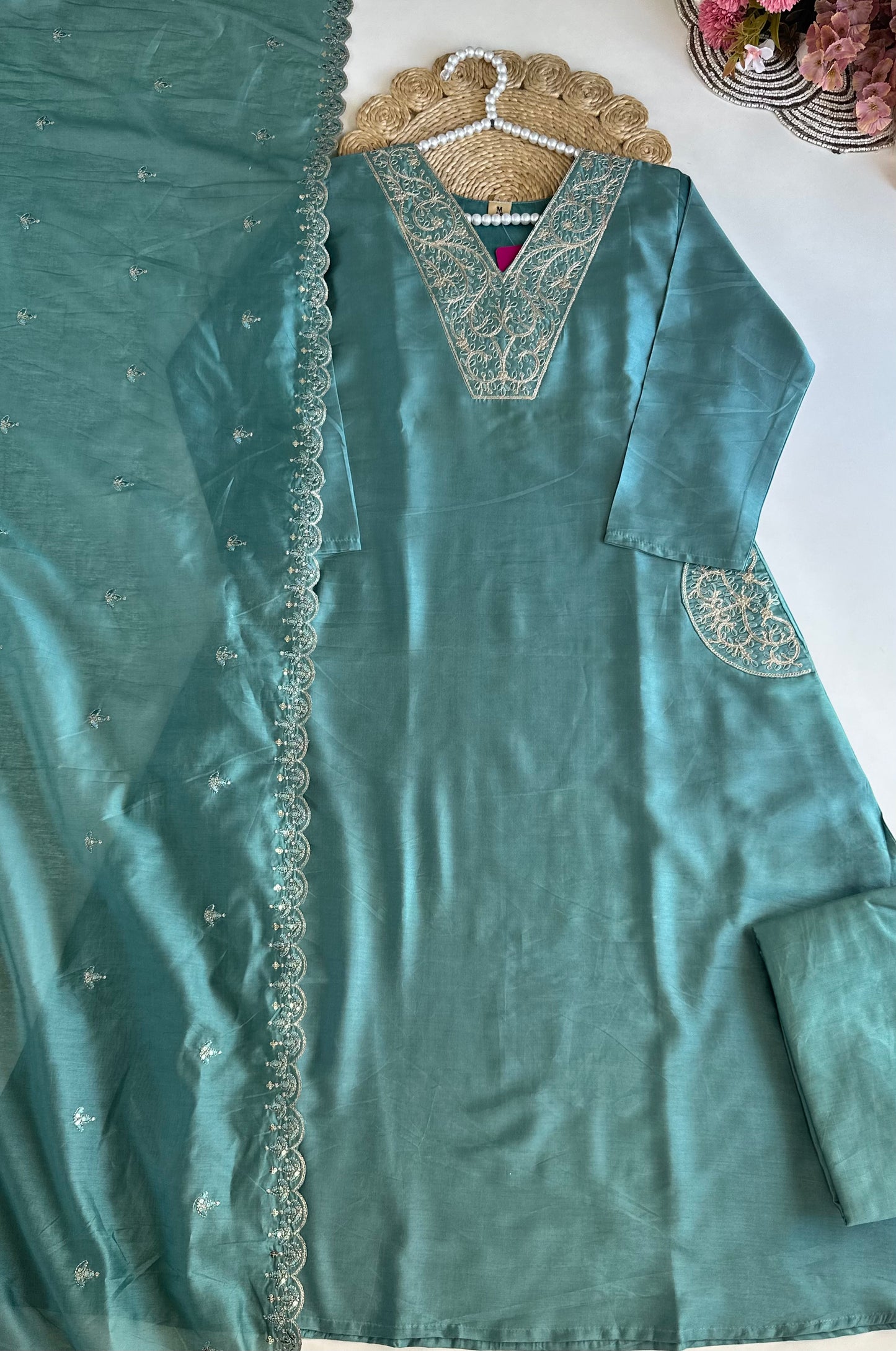 K457 - Roman silk zari work Aline Kurti with pants and dupatta in 2 colours