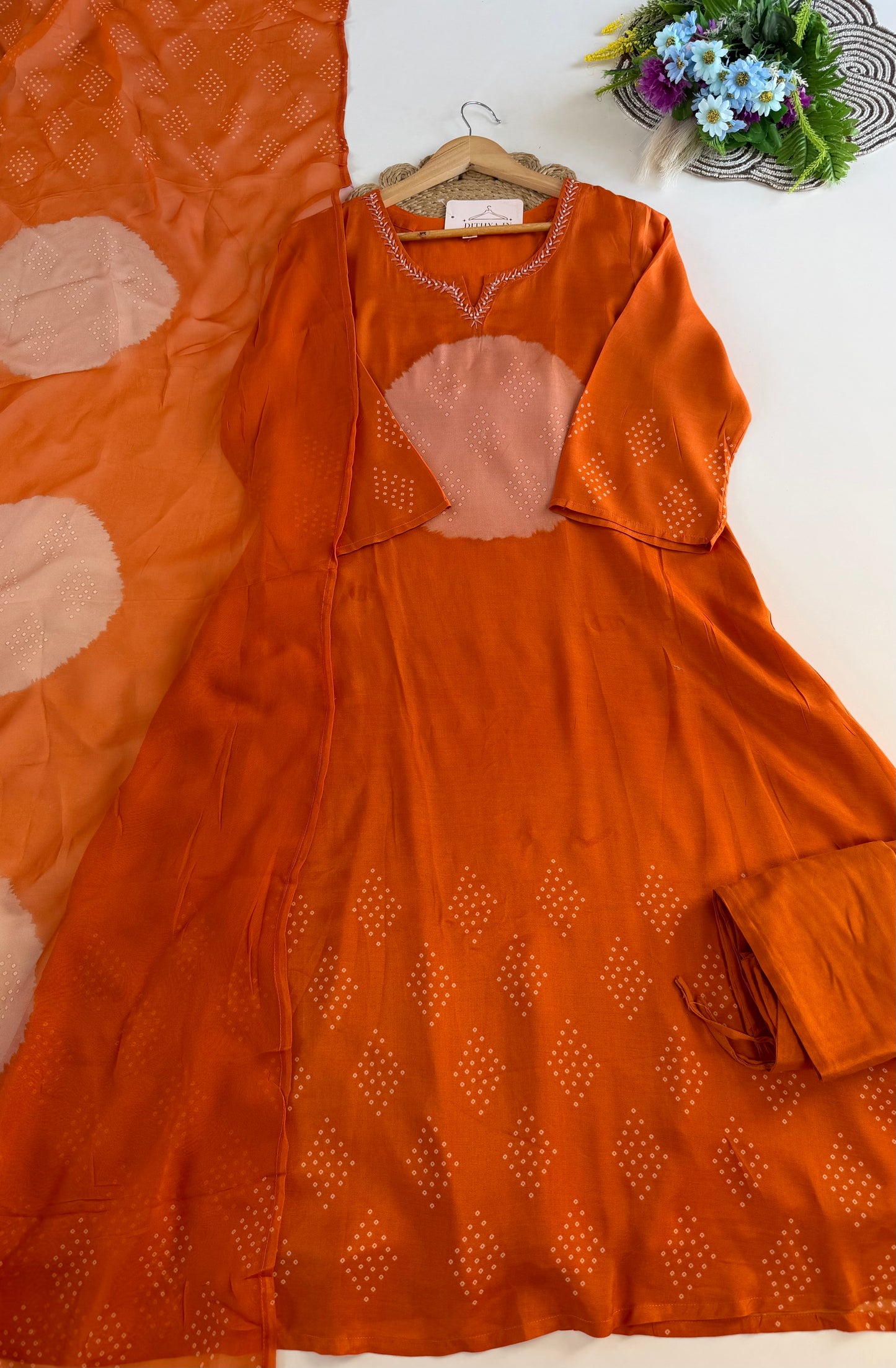 K599 - Muslin bandhini Aline Kurti with pants and dupatta