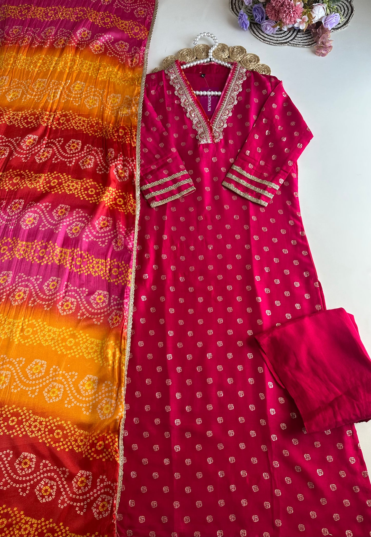 K109 - Jacquard silk straight kurti with pants and dupatta
