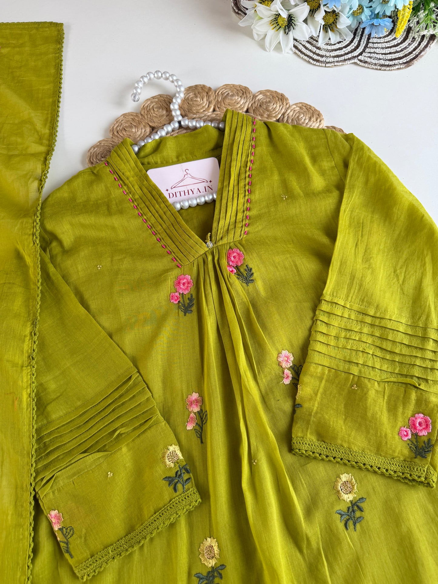 K630 - Mul cotton embroidered Aline Kurti with pants and dupatta