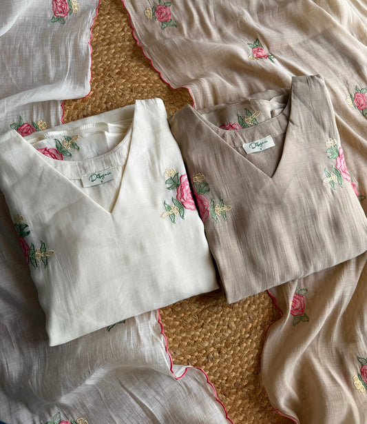 K429 - Surat Mul chanderi embroidered Aline Kurti with pants and dupatta
