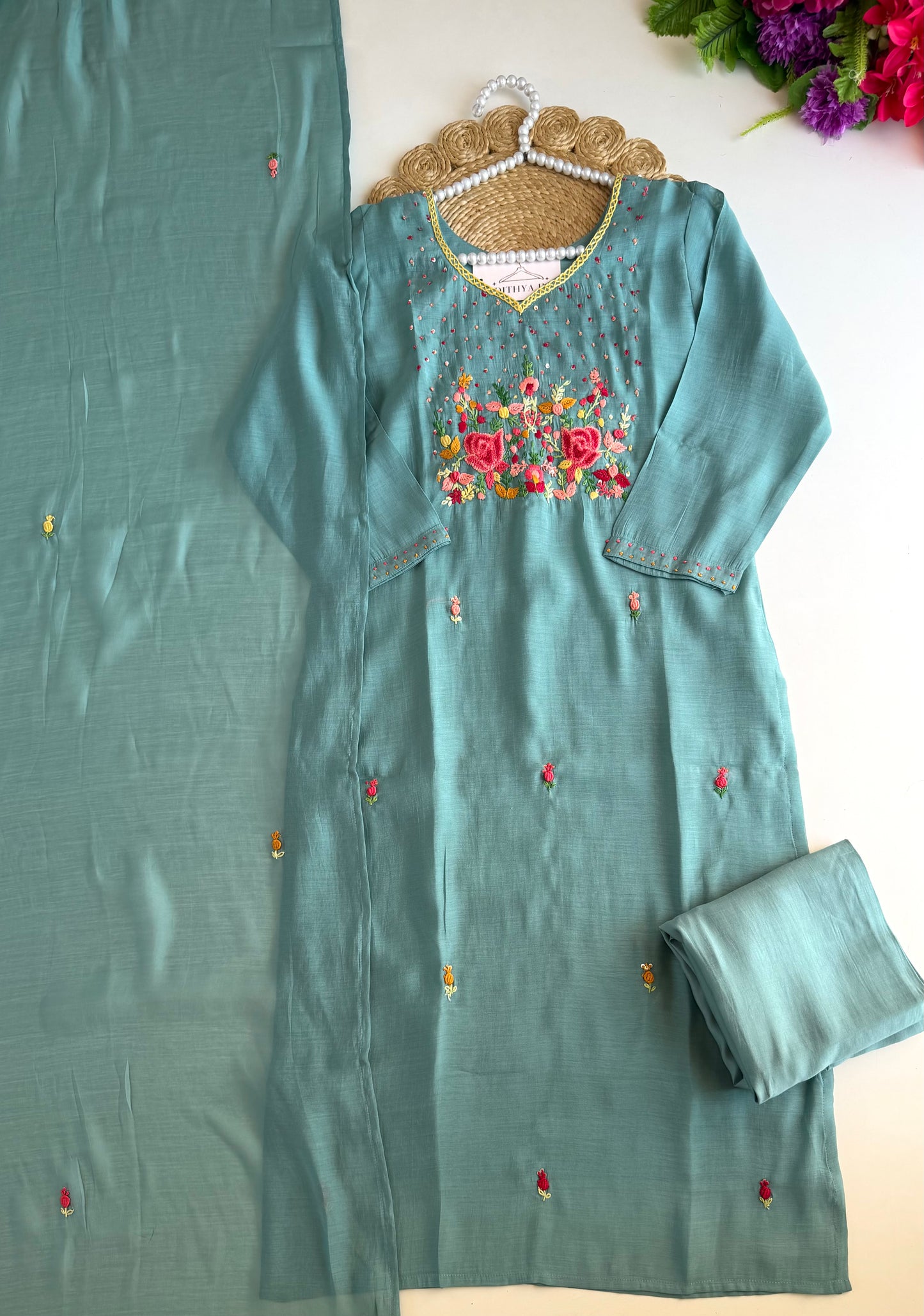K275 - Surat Mul chanderi embroidered straight Kurti with pants and dupatta