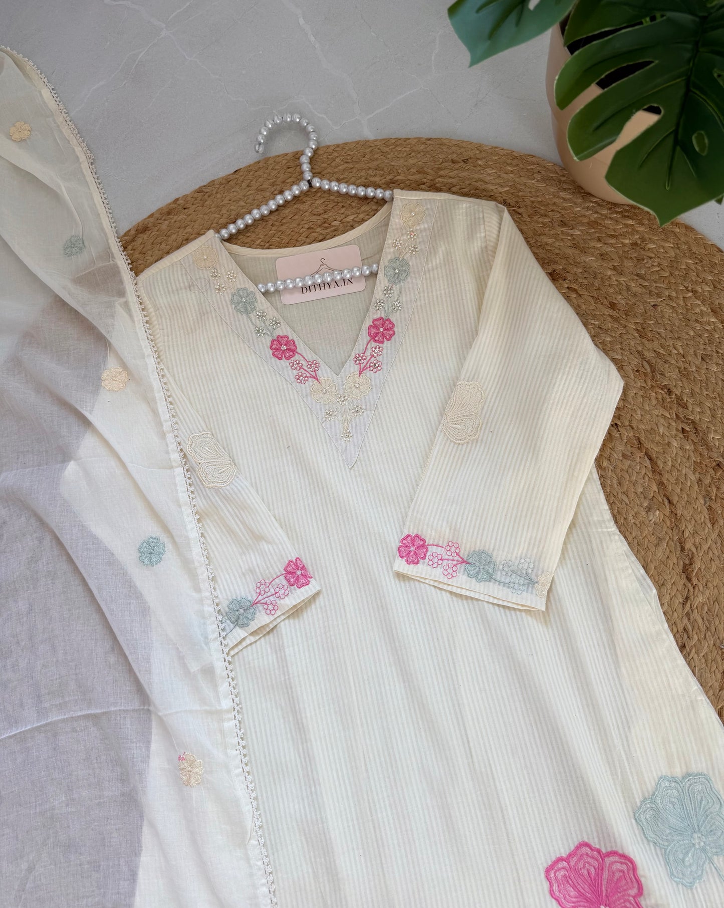 K491 - Mul cotton appliqué work aline Kurti with pants and dupatta