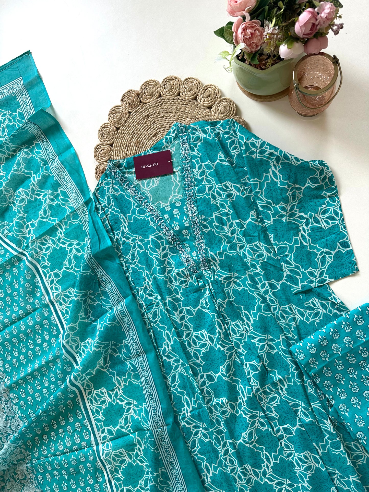 K157 - Cotton printed Aline Kurti with pants and dupatta in 2 colours .