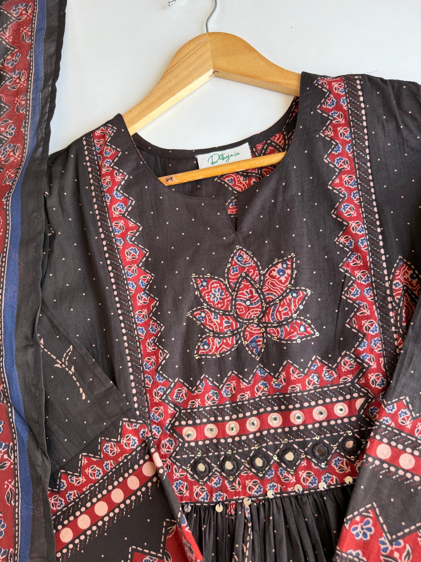 K609 - Mul cotton embroidered Anarkali with pants and dupatta